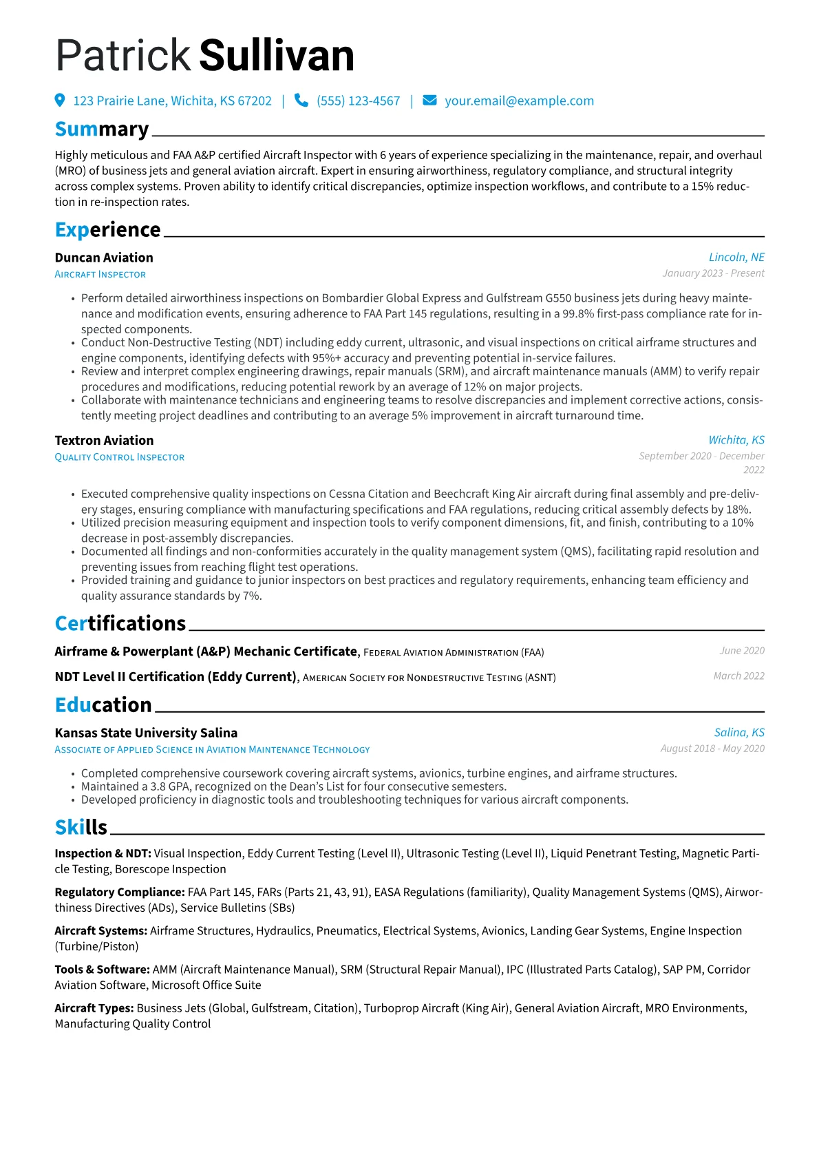 Aircraft Inspector resume example, Business Jet MRO Focus, page 1