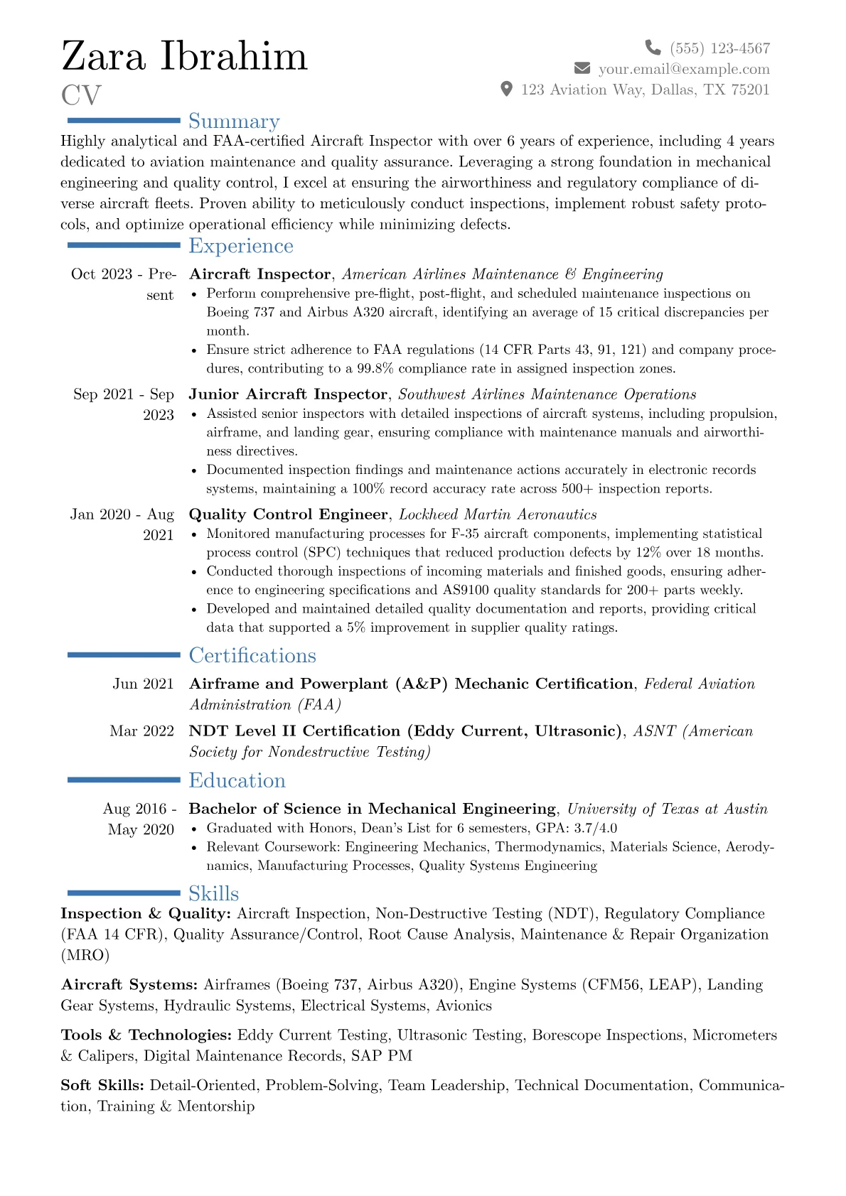 Aircraft Inspector resume example, Career changer, page 1