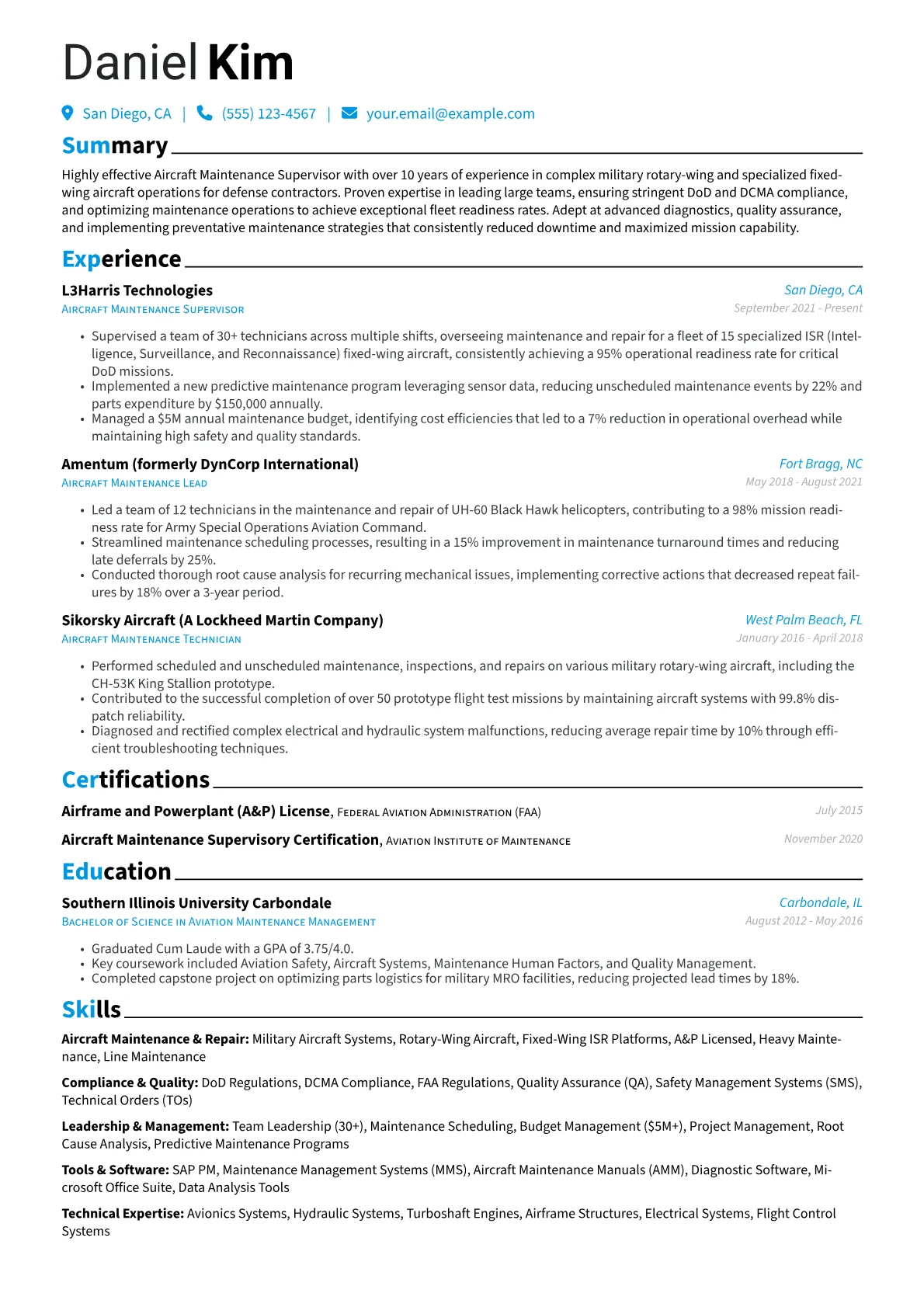 Aircraft Maintenance Supervisor resume example, Aircraft Maintenance, page 1