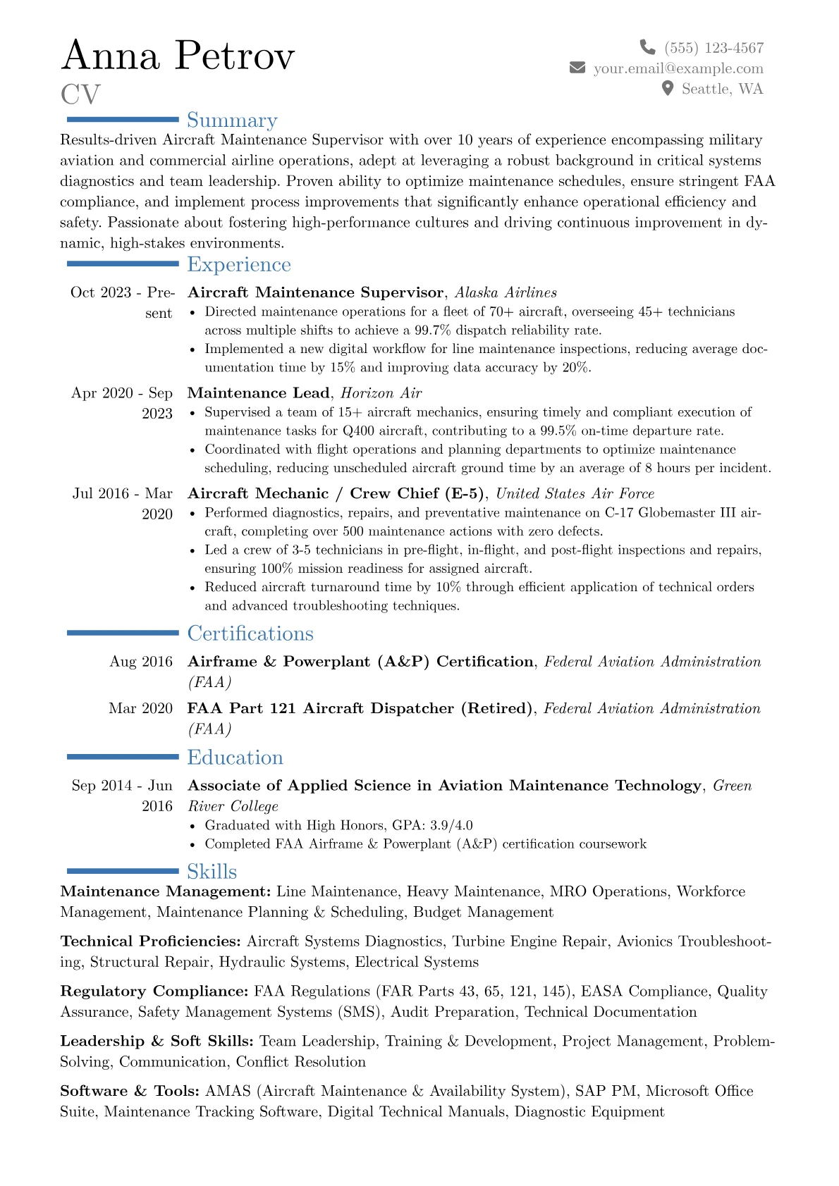 Aircraft Maintenance Supervisor resume example, Career changer, page 1