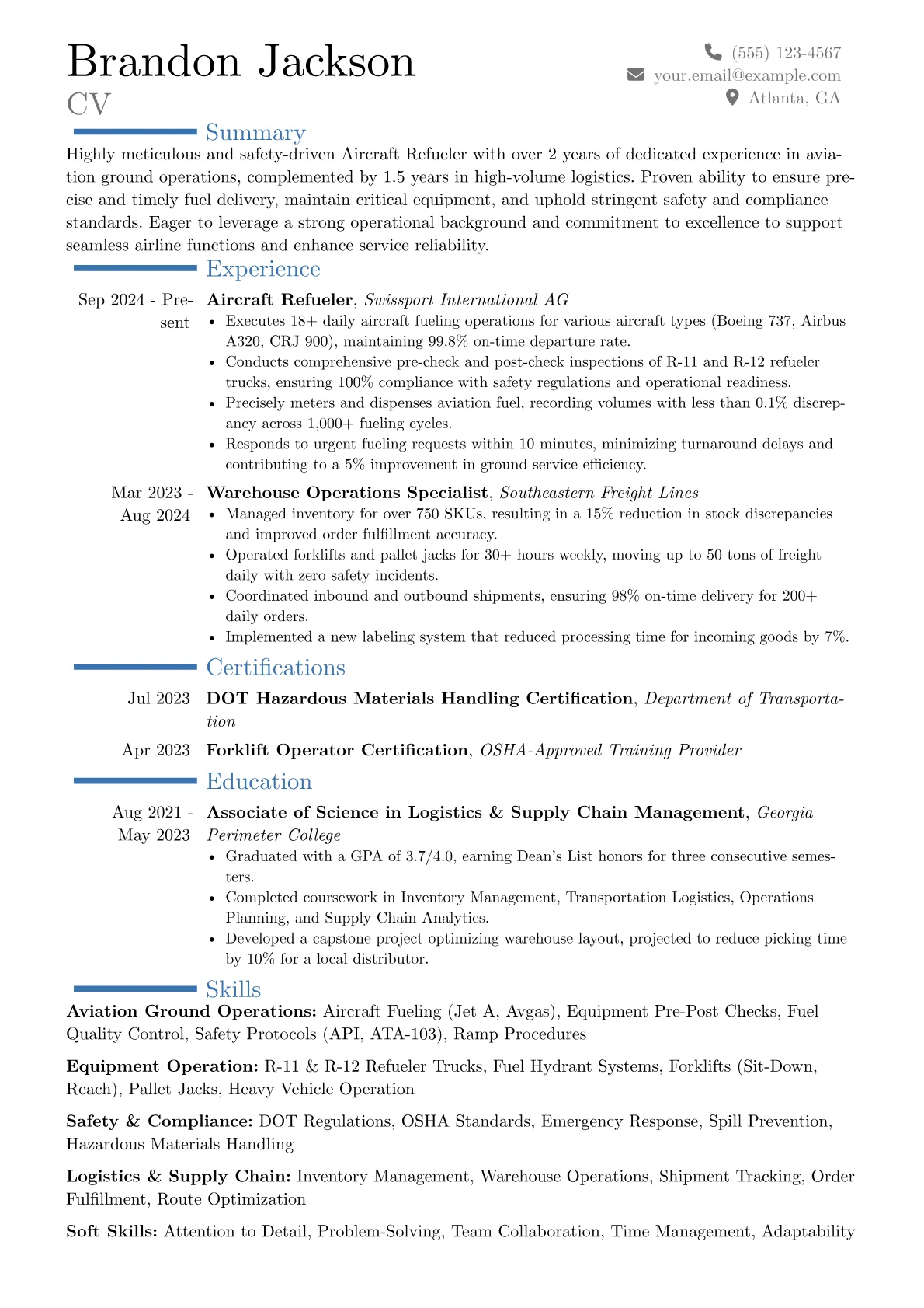 Aircraft Refueler resume example, Career changer, page 1