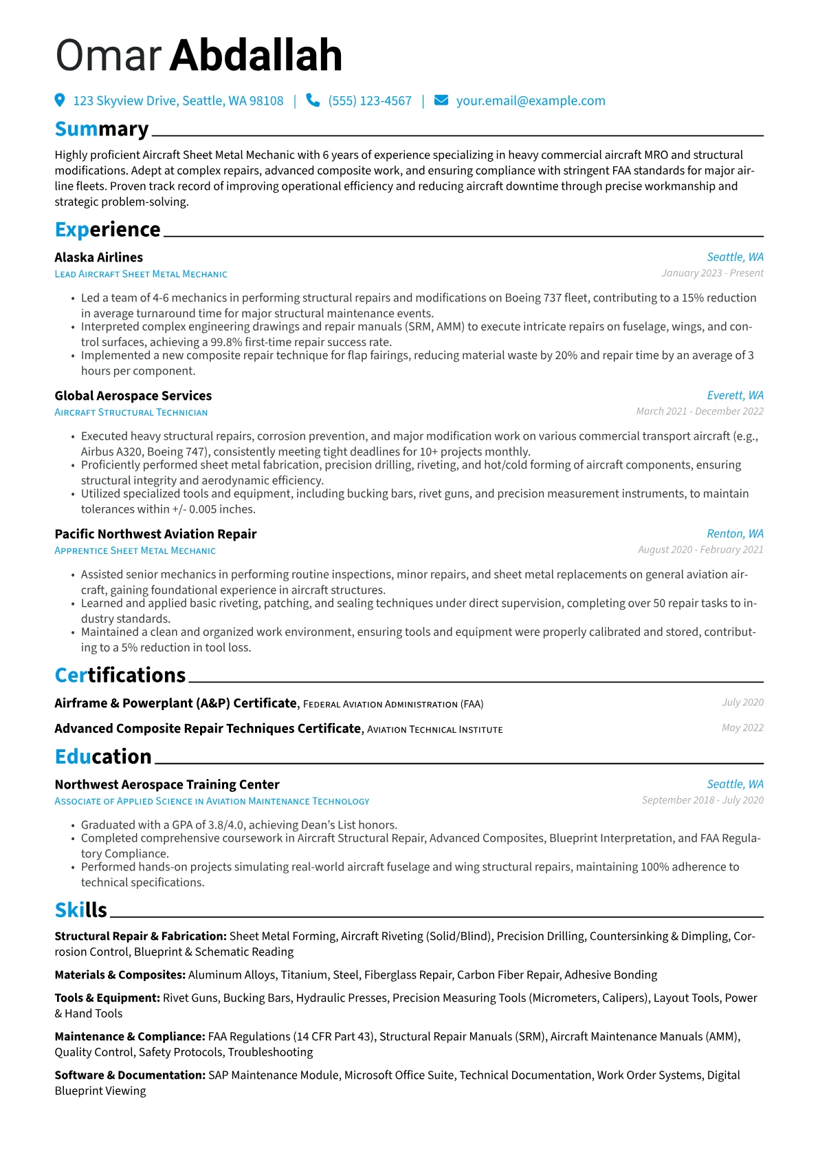 Aircraft Sheet Metal Mechanic resume example, Aircraft Sheet Metal, page 1
