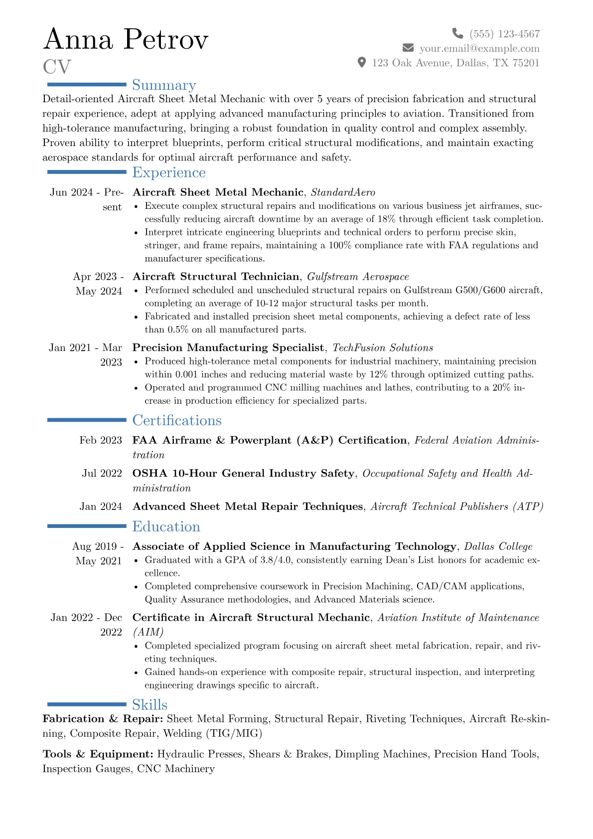 Aircraft Sheet Metal Mechanic resume example, Career changer, page 1
