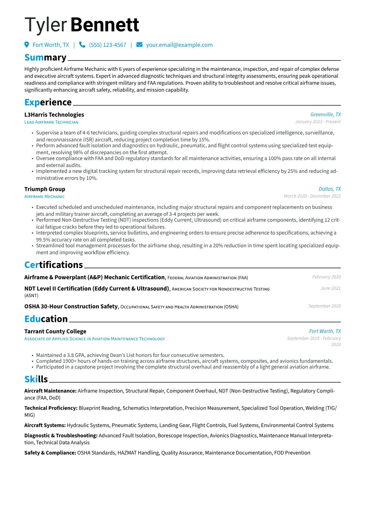 Airframe Mechanic resume example, Aircraft Maintenance, page 1
