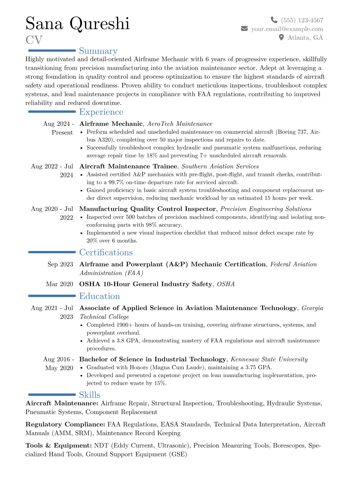 Airframe Mechanic resume example, Career changer, page 1