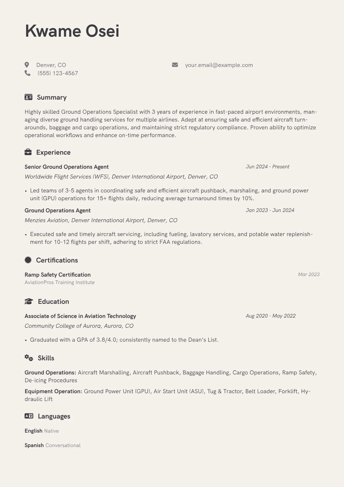 Airline Agent resume example, Ground Operations, page 1