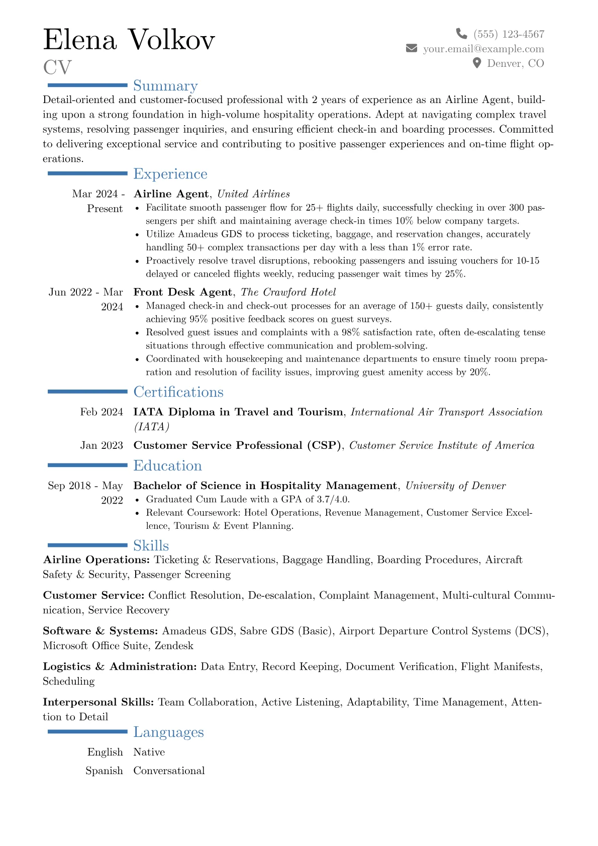 Airline Agent resume example, Career changer, page 1