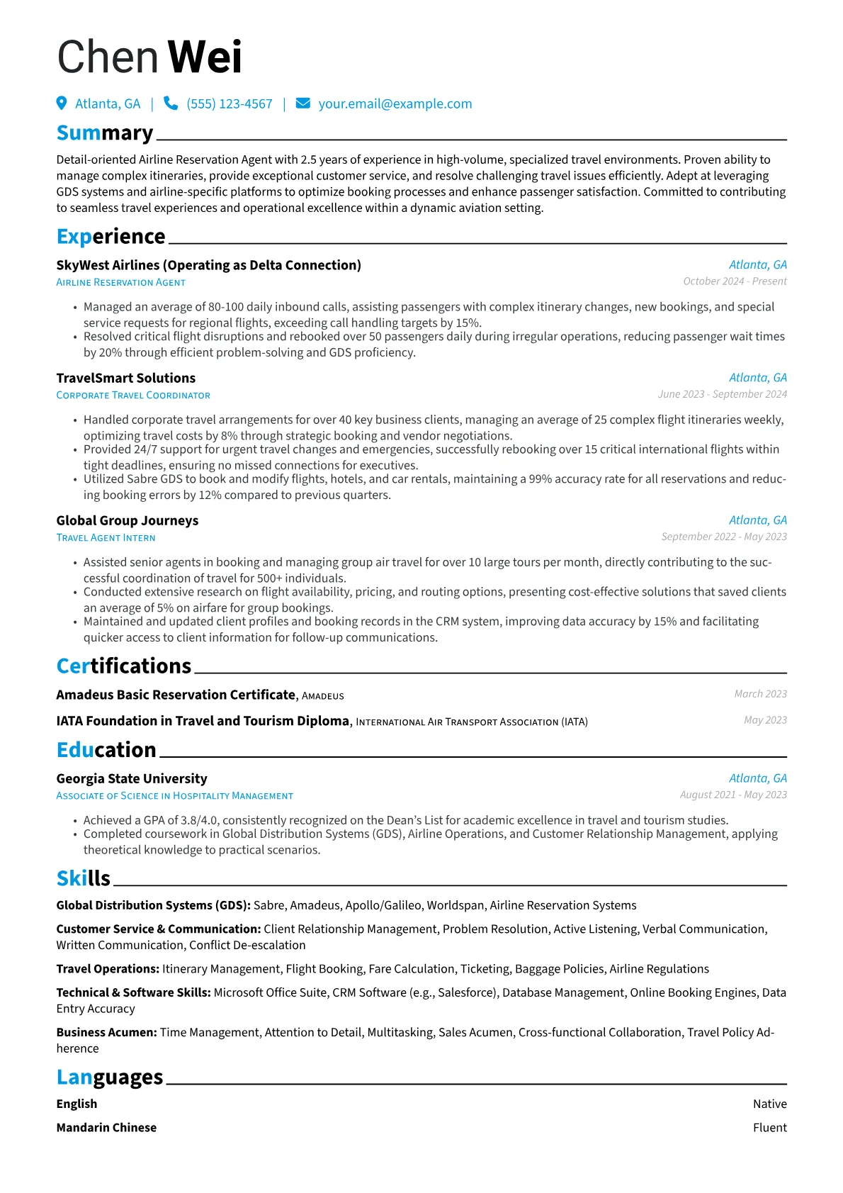 Airline Reservation Agent resume example, Airline Reservation Agent, page 1