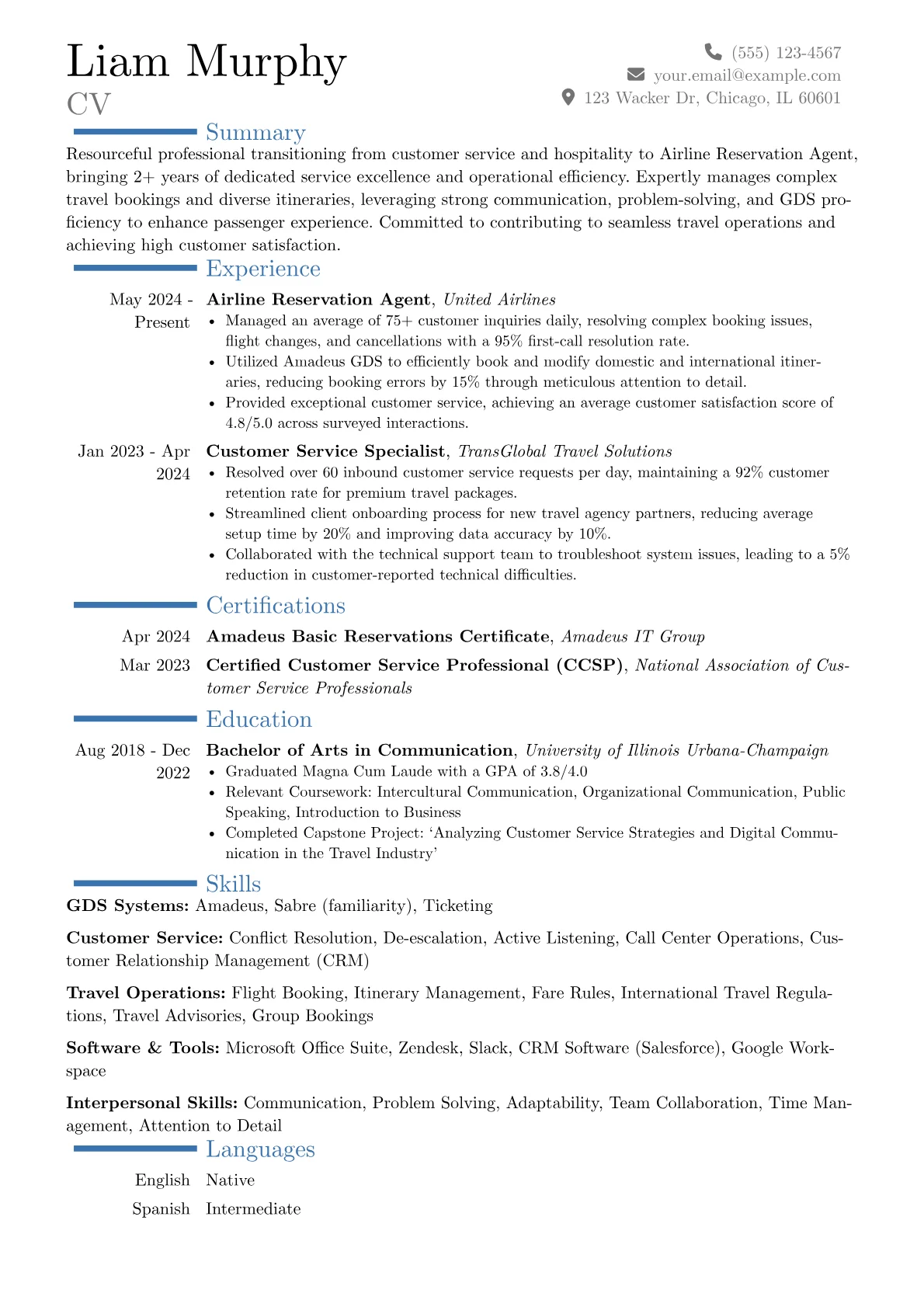 Airline Reservation Agent resume example, Career changer, page 1