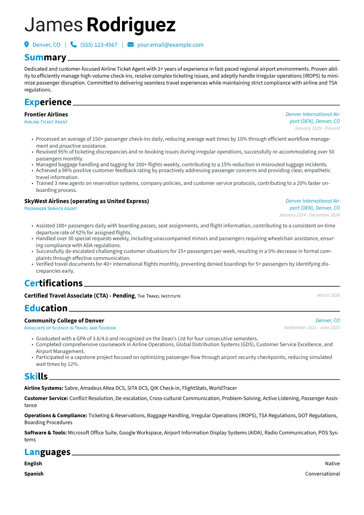 Airline Ticket Agent resume example, Airline Ticket Agent, page 1
