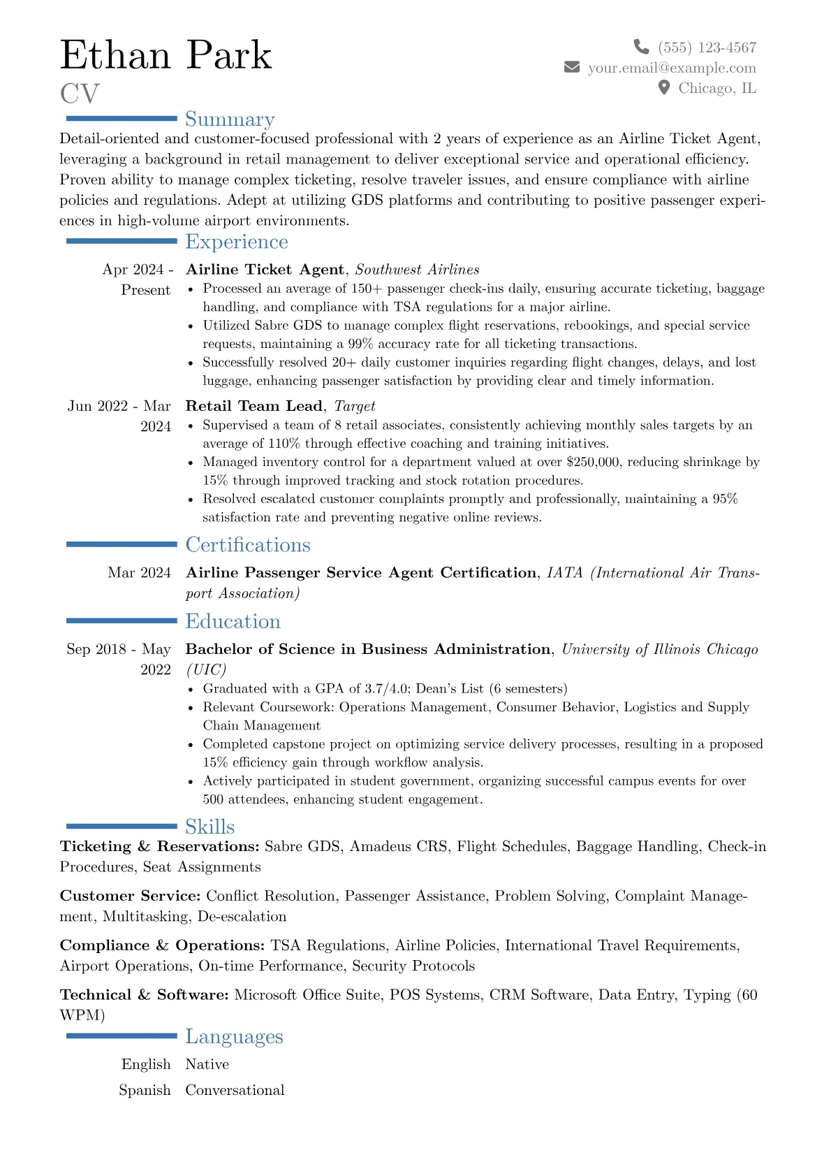 Airline Ticket Agent resume example, Career changer, page 1