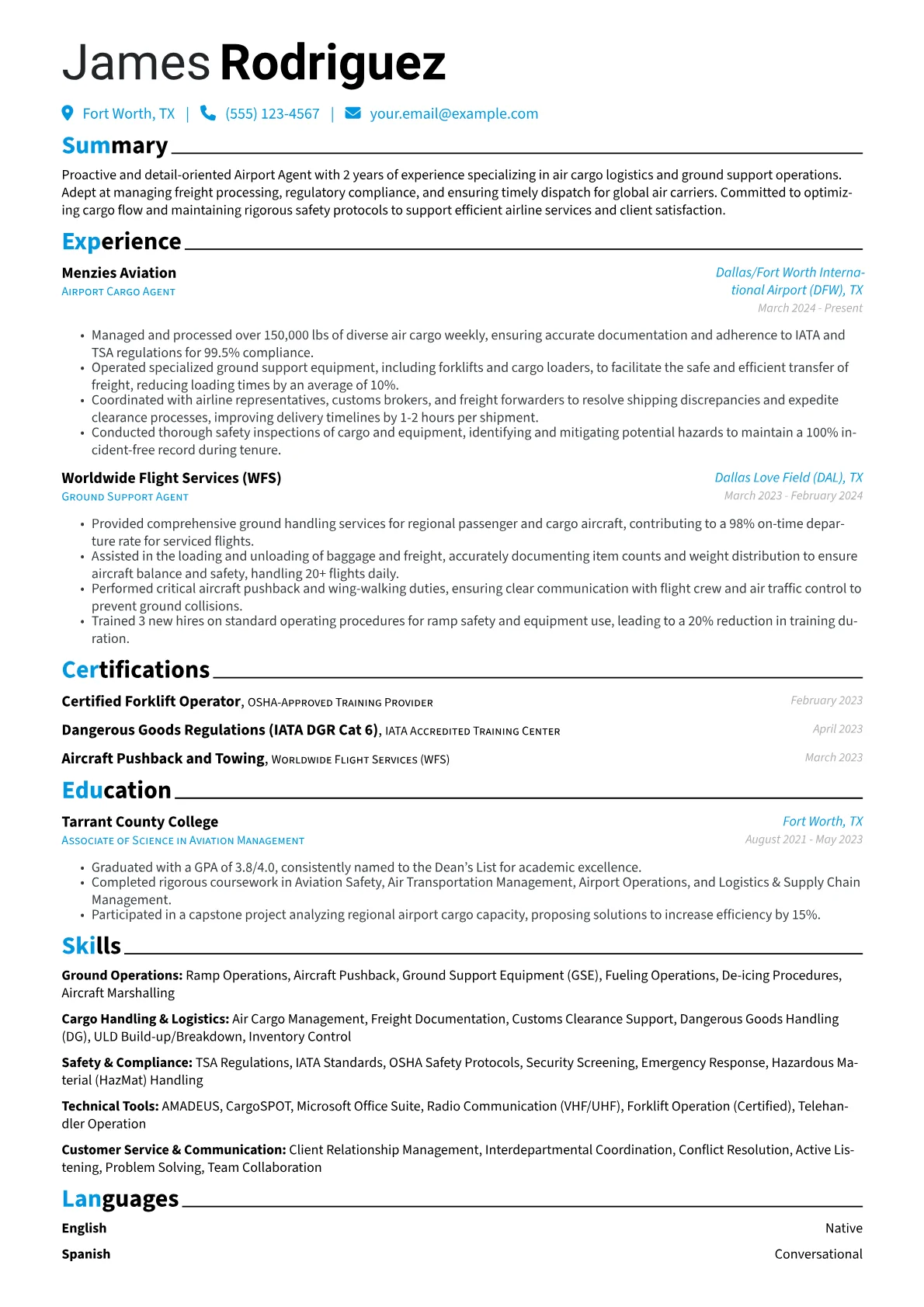 Airport Agent resume example, Air Cargo Specialist, page 1