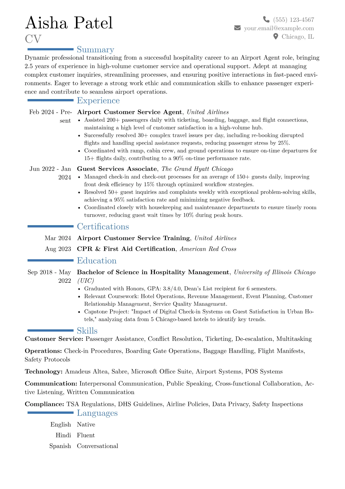 Airport Agent resume example, Career changer, page 1