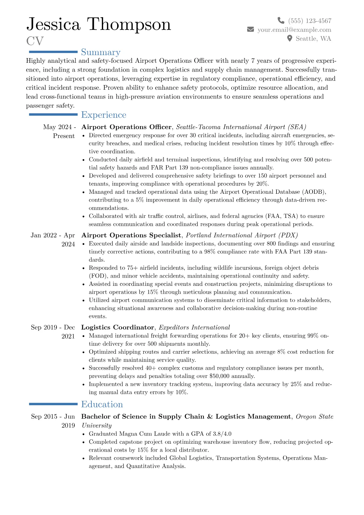 Airport Operations Officer resume example, Career changer, page 1