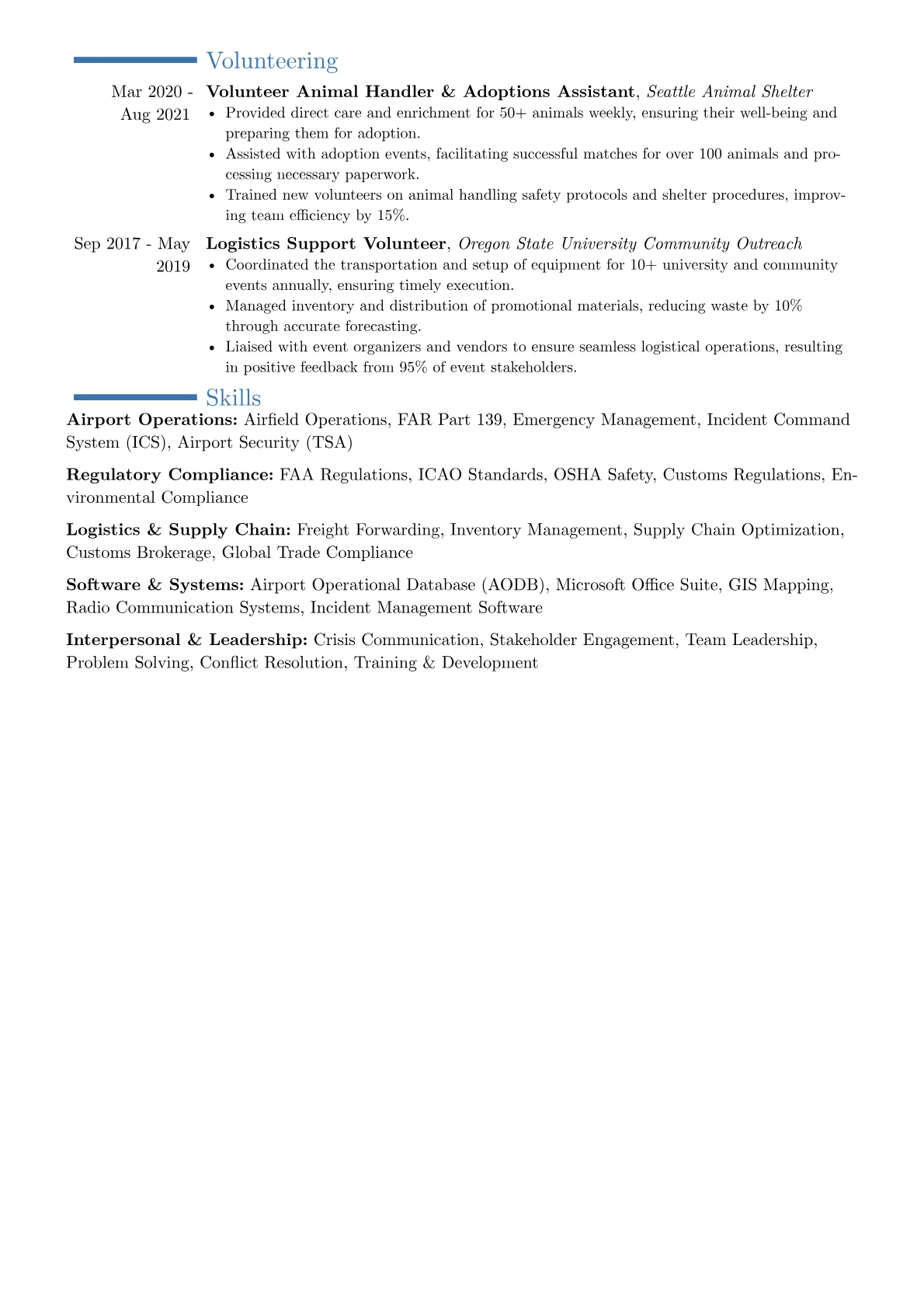 Airport Operations Officer resume example, Career changer, page 2