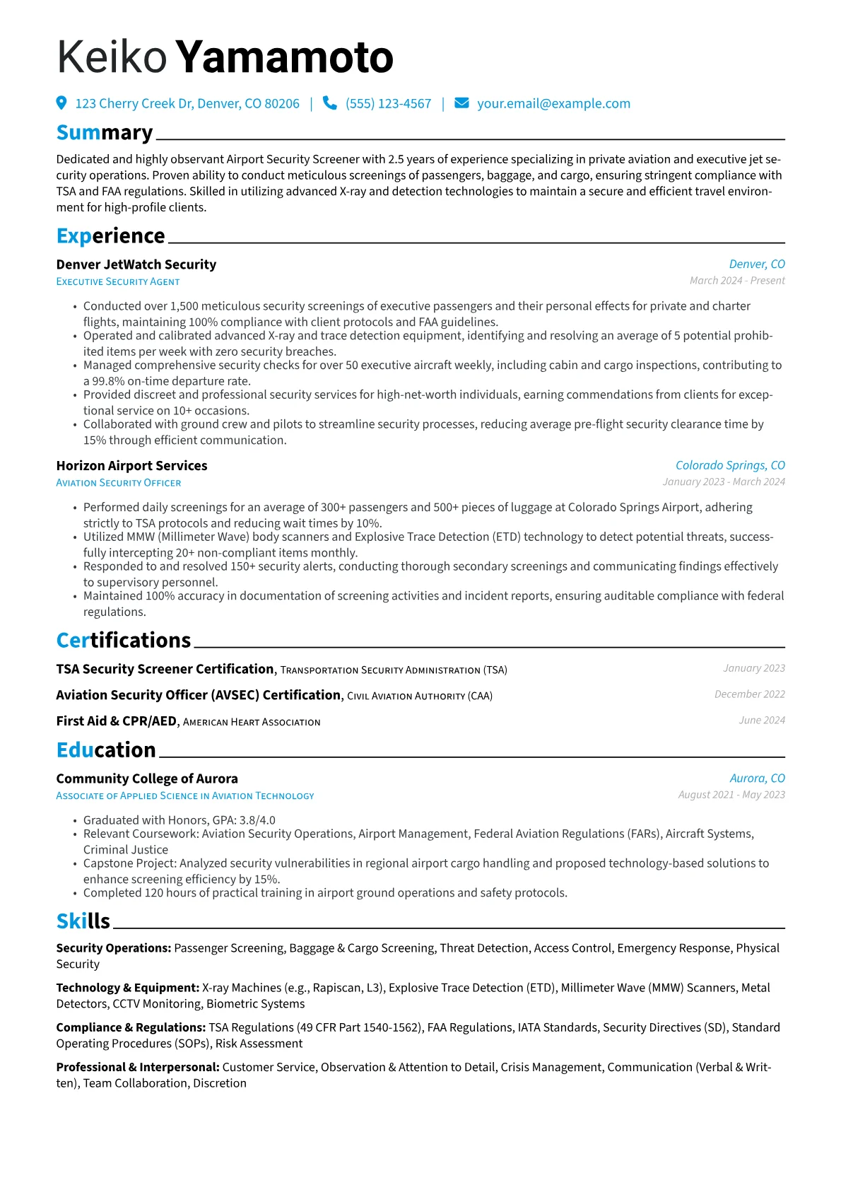 Airport Security Screener resume example, Airport Security Screener, page 1