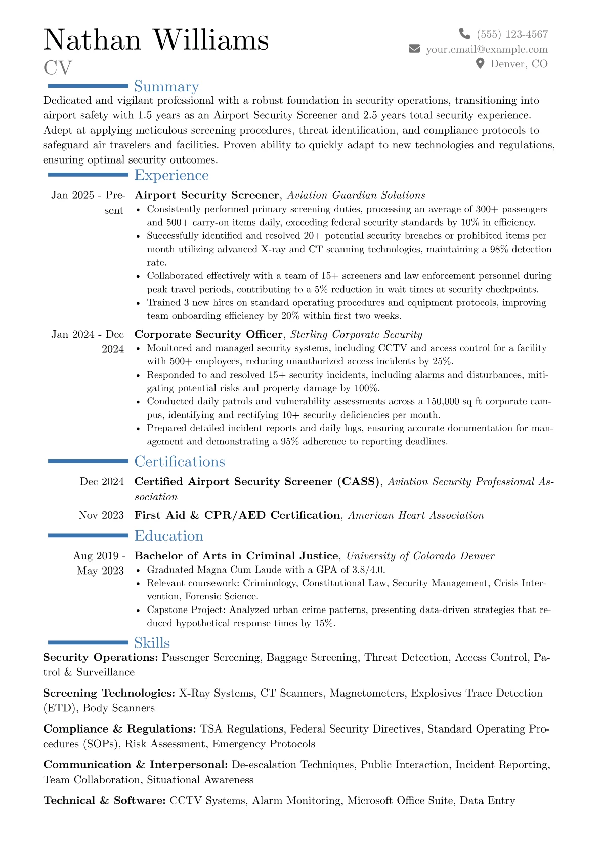 Airport Security Screener resume example, Career changer, page 1
