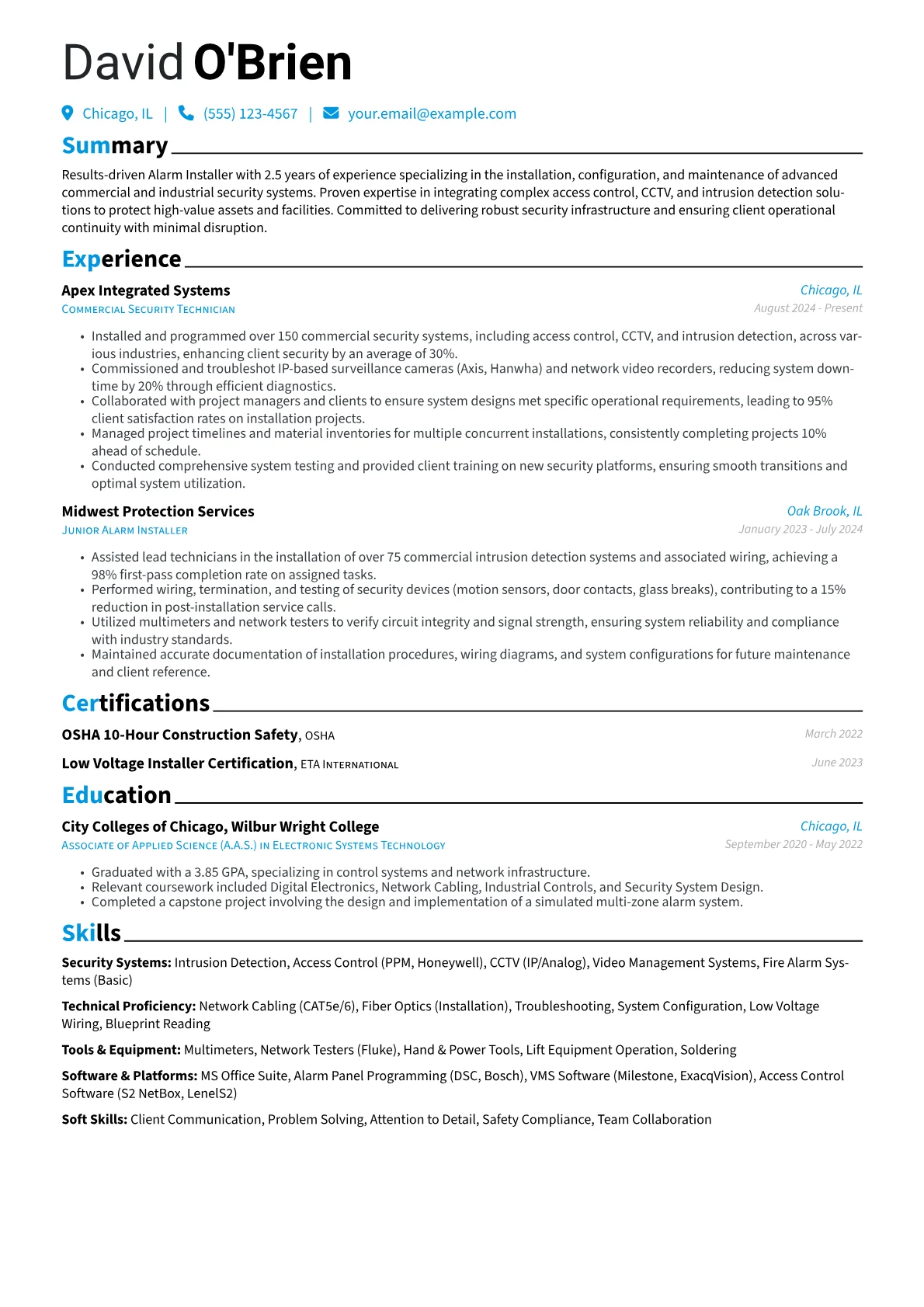 Alarm Installer resume example, Commercial & Industrial, page 1