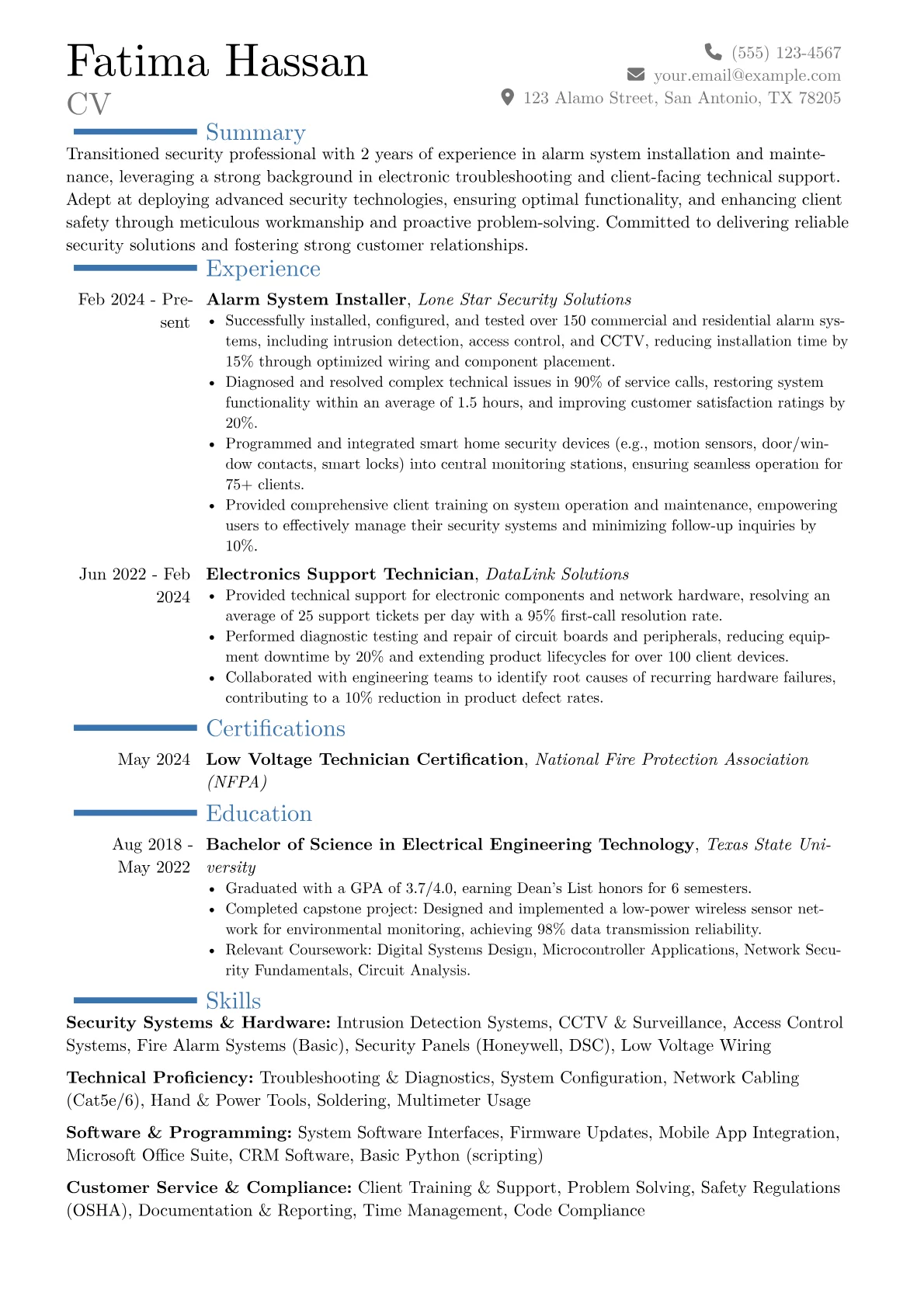 Alarm Installer resume example, Career changer, page 1
