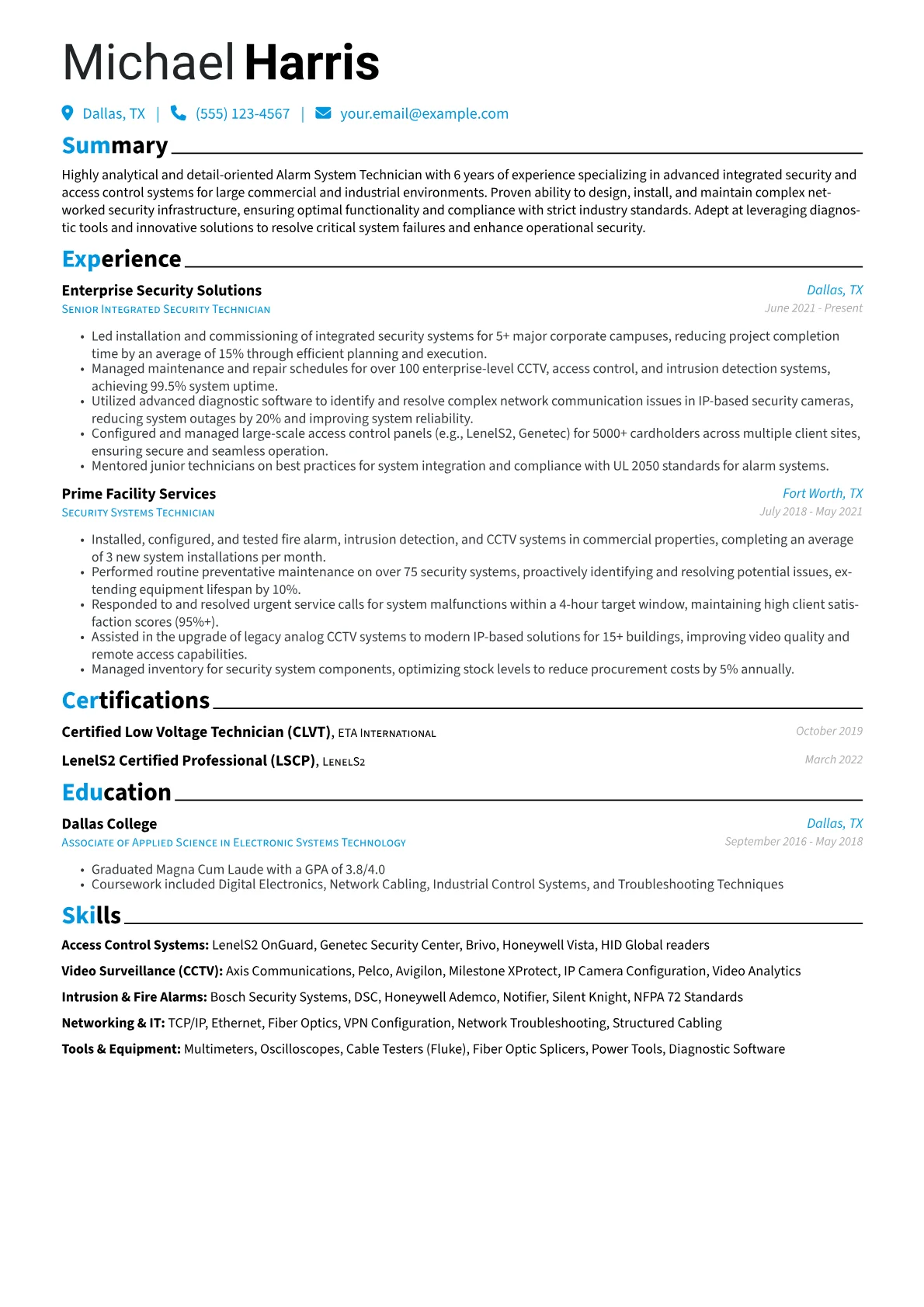 Alarm System Technician resume example, Specialized, page 1