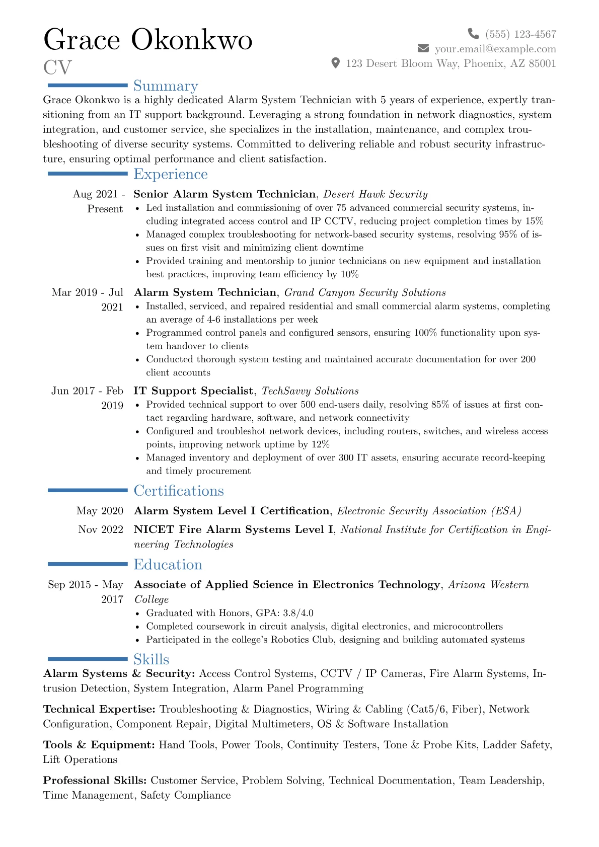 Alarm System Technician resume example, Career changer, page 1