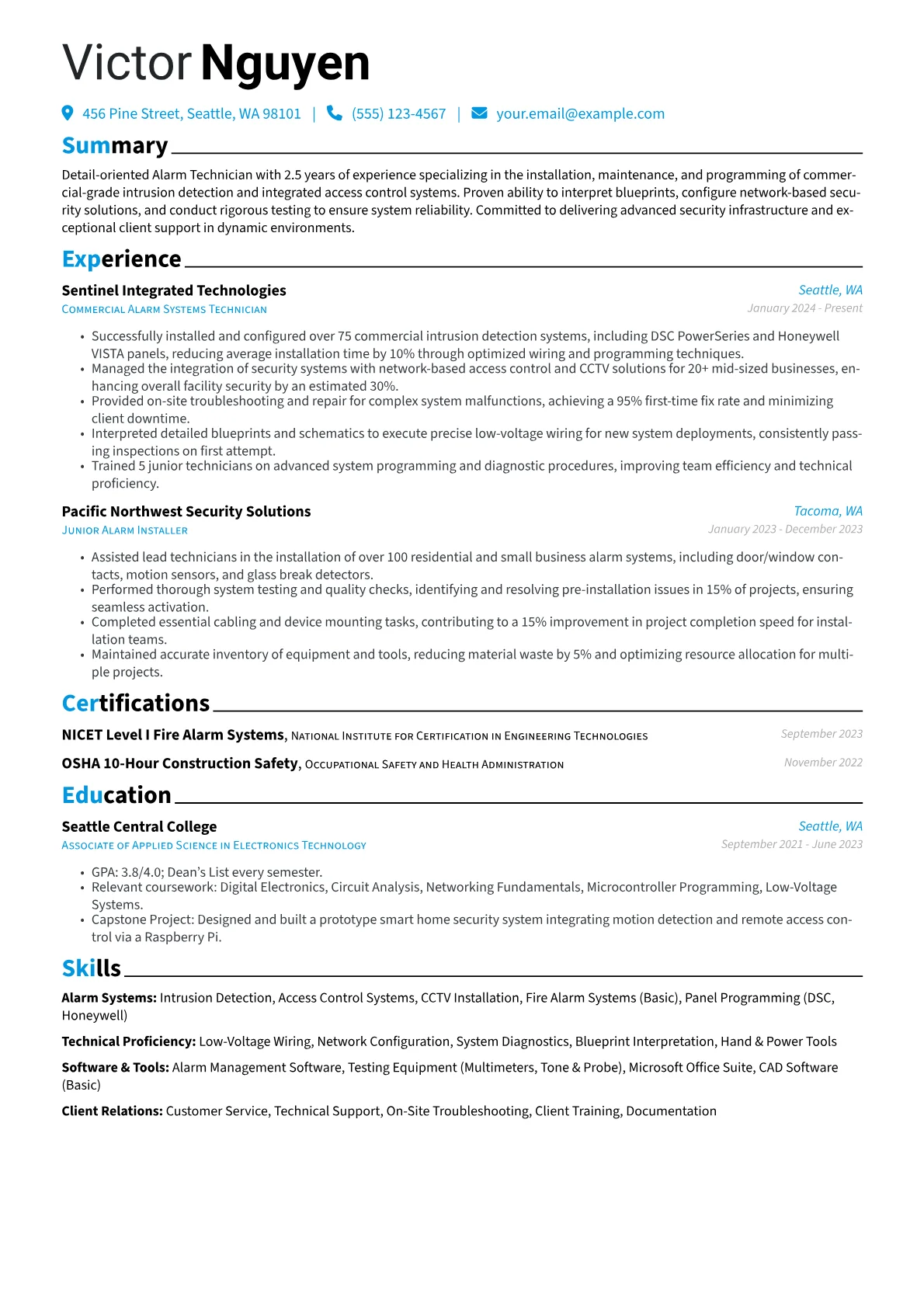 Alarm Technician resume example, Alarm Technician, page 1