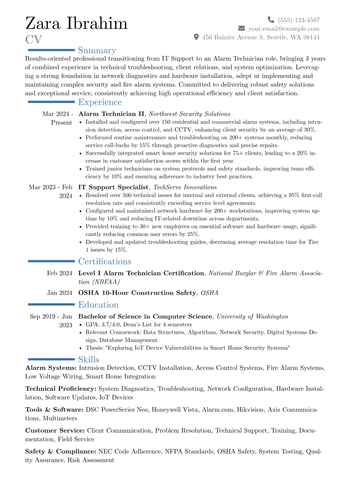 Alarm Technician resume example, Career changer, page 1