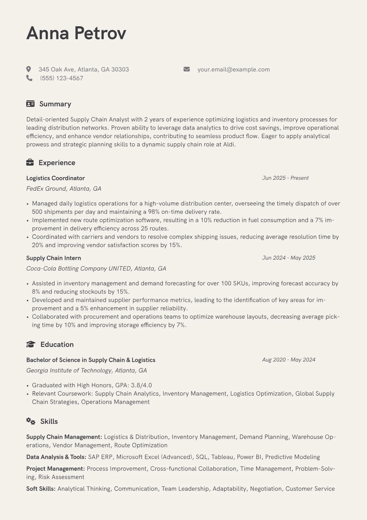 Aldi resume example, Supply Chain Management, page 1