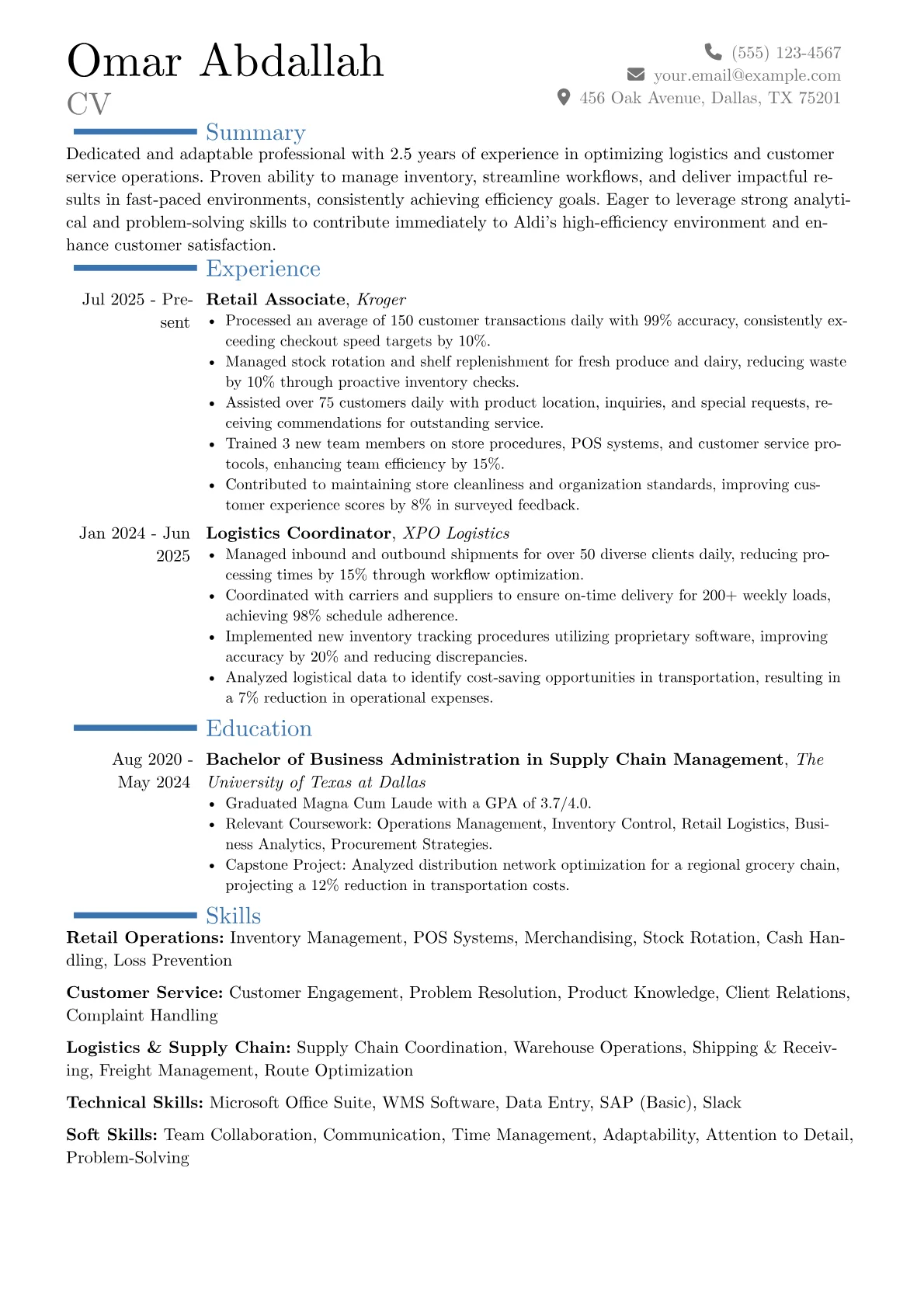 Aldi resume example, Career changer, page 1
