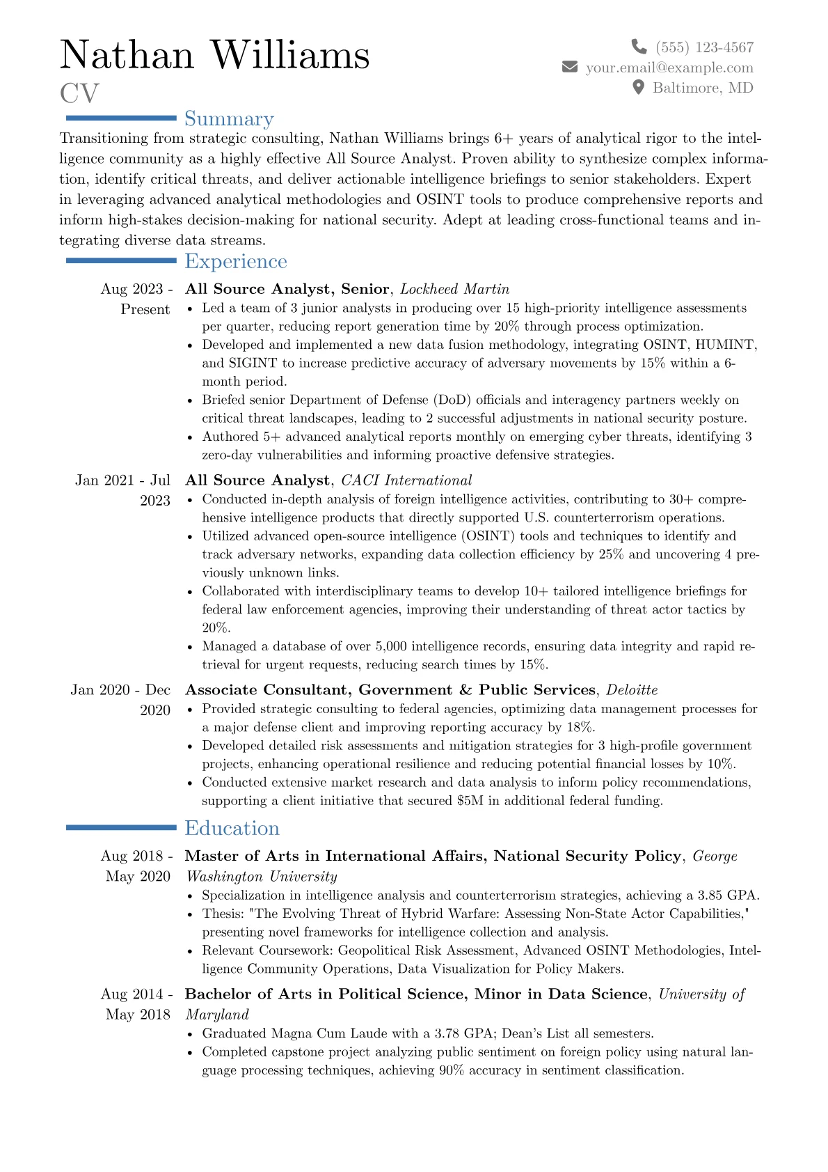 All Source Analyst resume example, Career changer, page 1