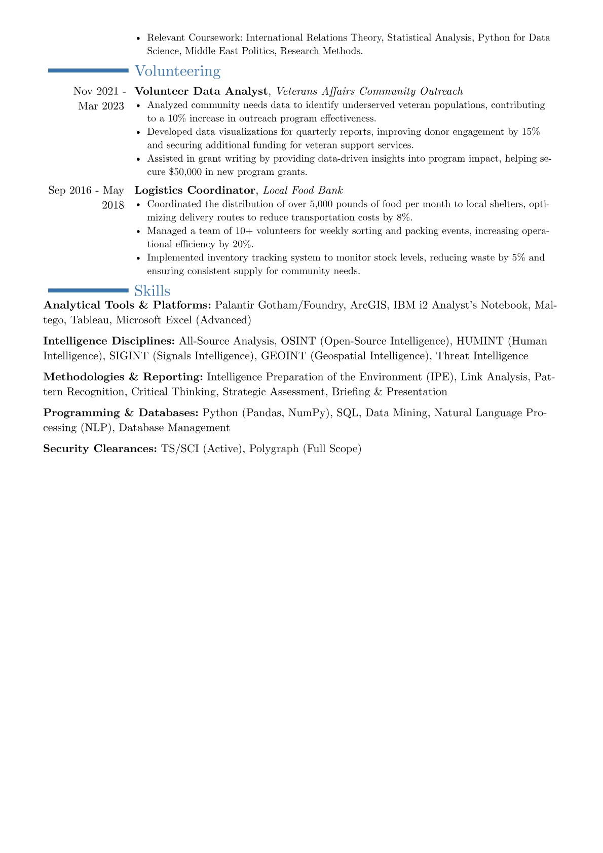 All Source Analyst resume example, Career changer, page 2