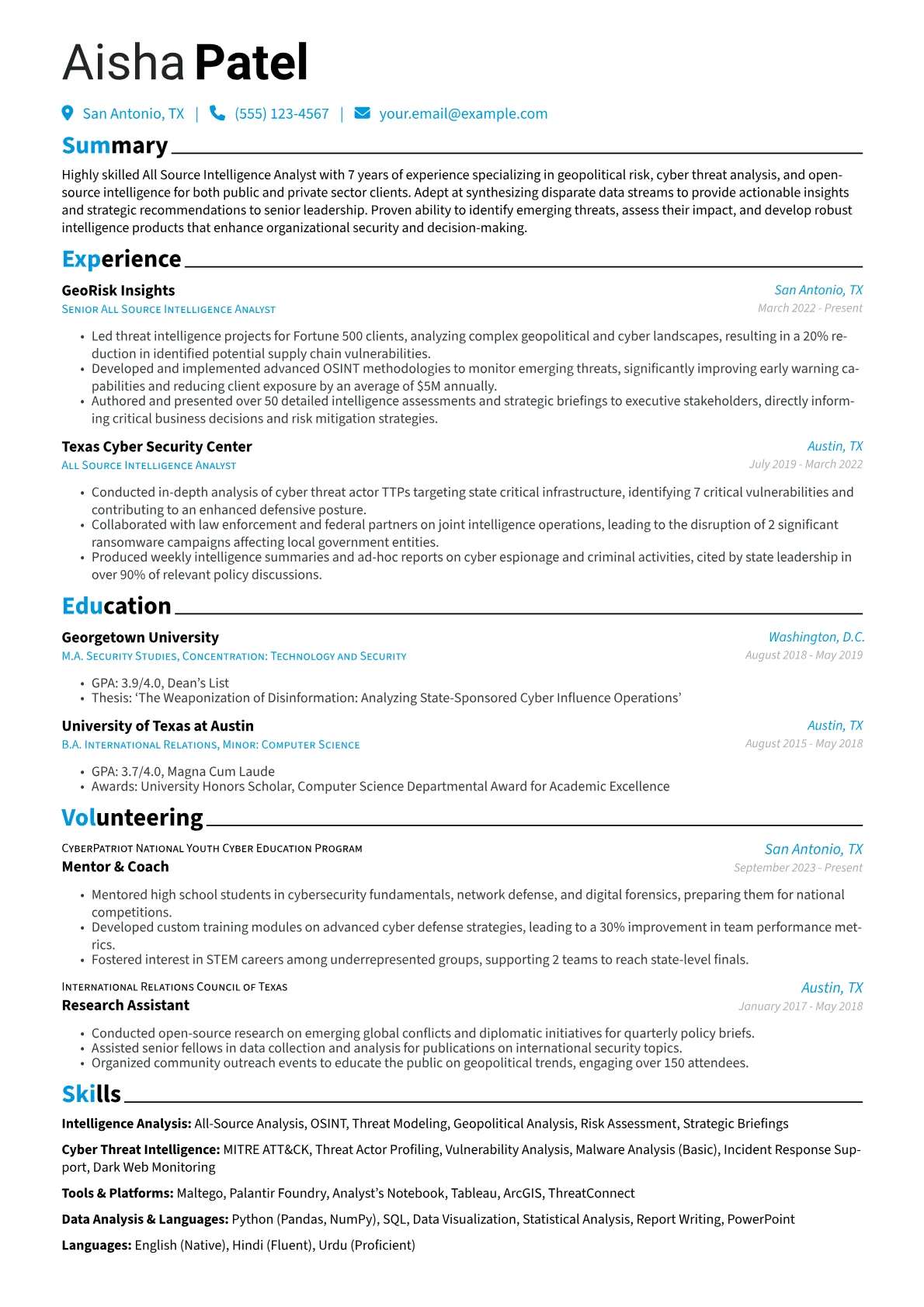All Source Intelligence Analyst resume example, All Source Intelligence, page 1