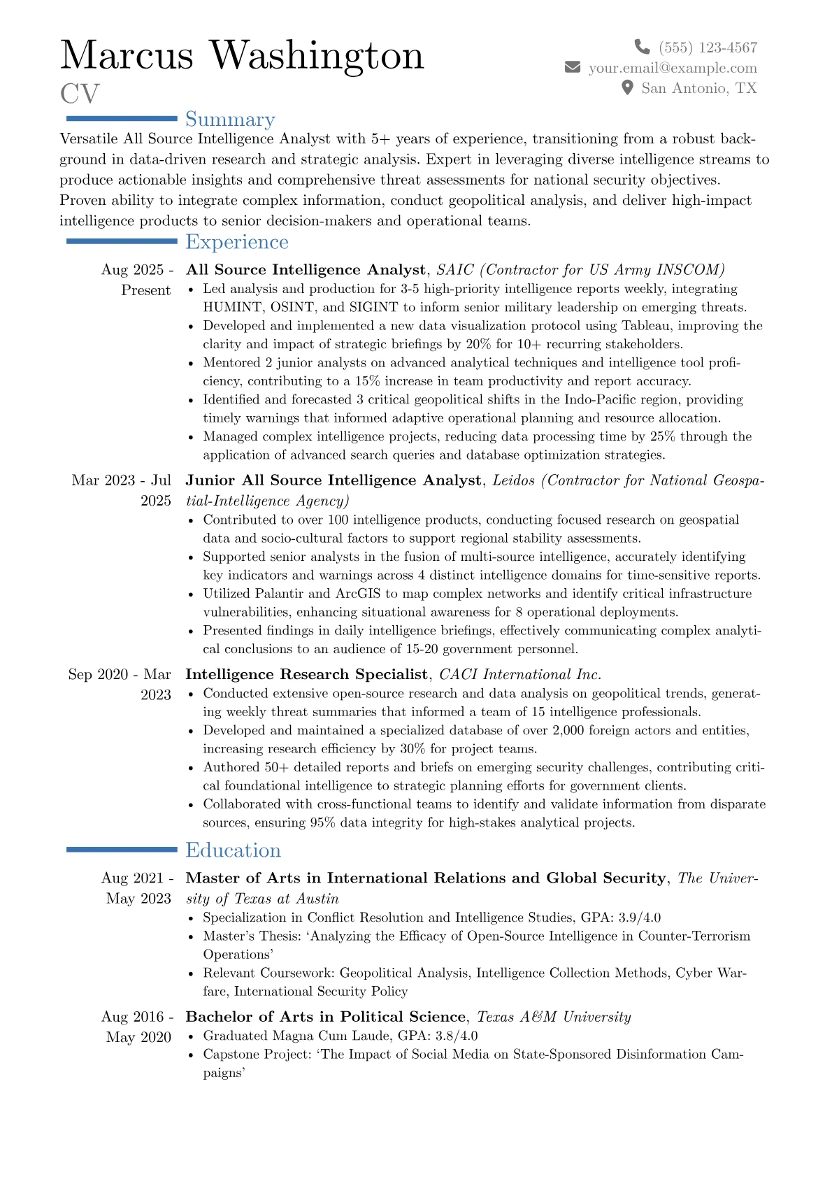 All Source Intelligence Analyst resume example, Career changer, page 1