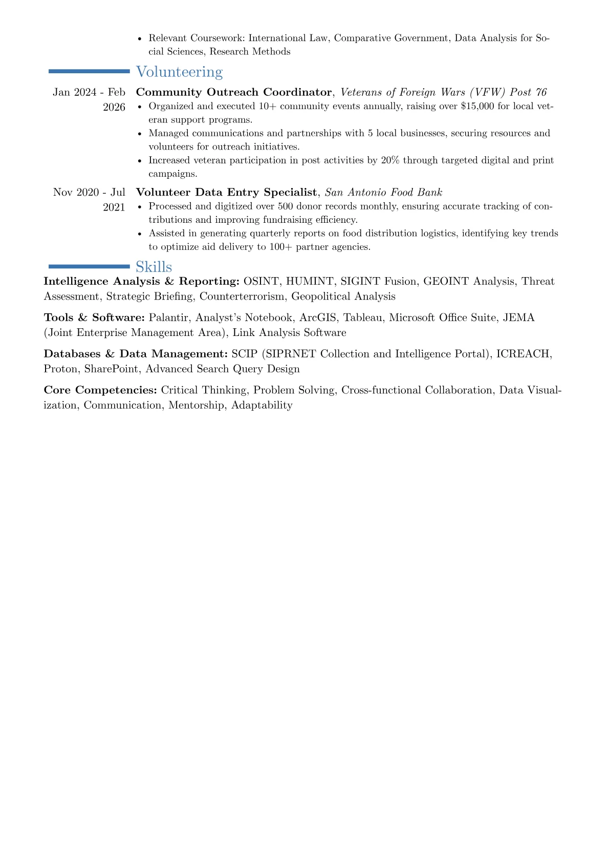 All Source Intelligence Analyst resume example, Career changer, page 2