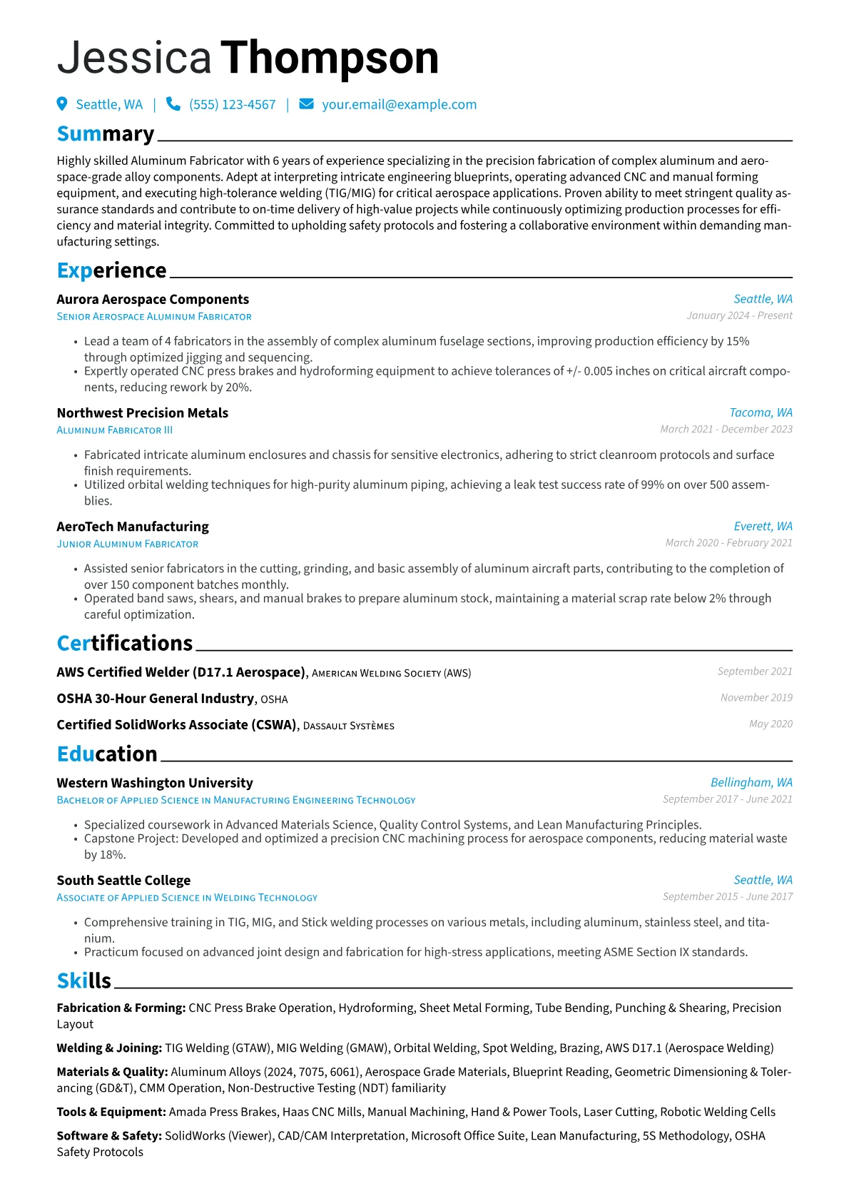 Aluminum Fabricator resume example, Fabrication & Forming, page 1