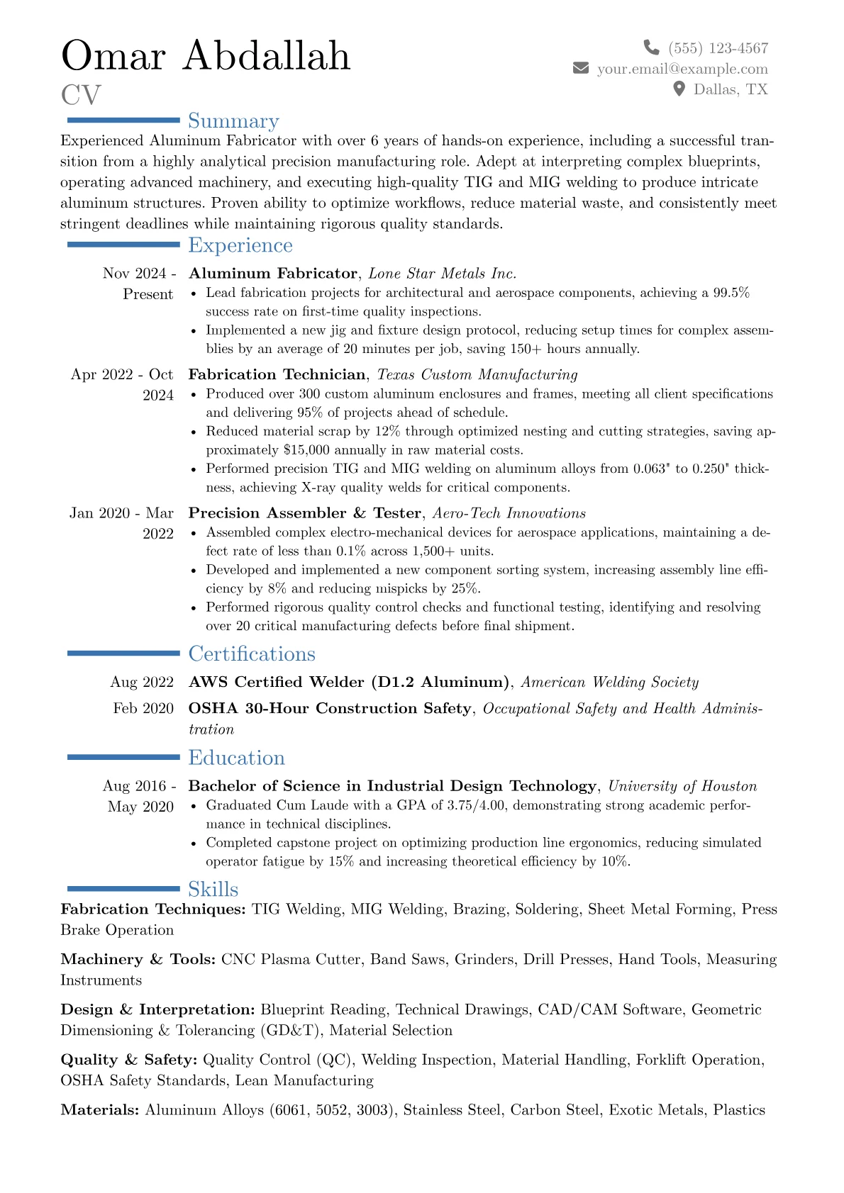 Aluminum Fabricator resume example, Career changer, page 1