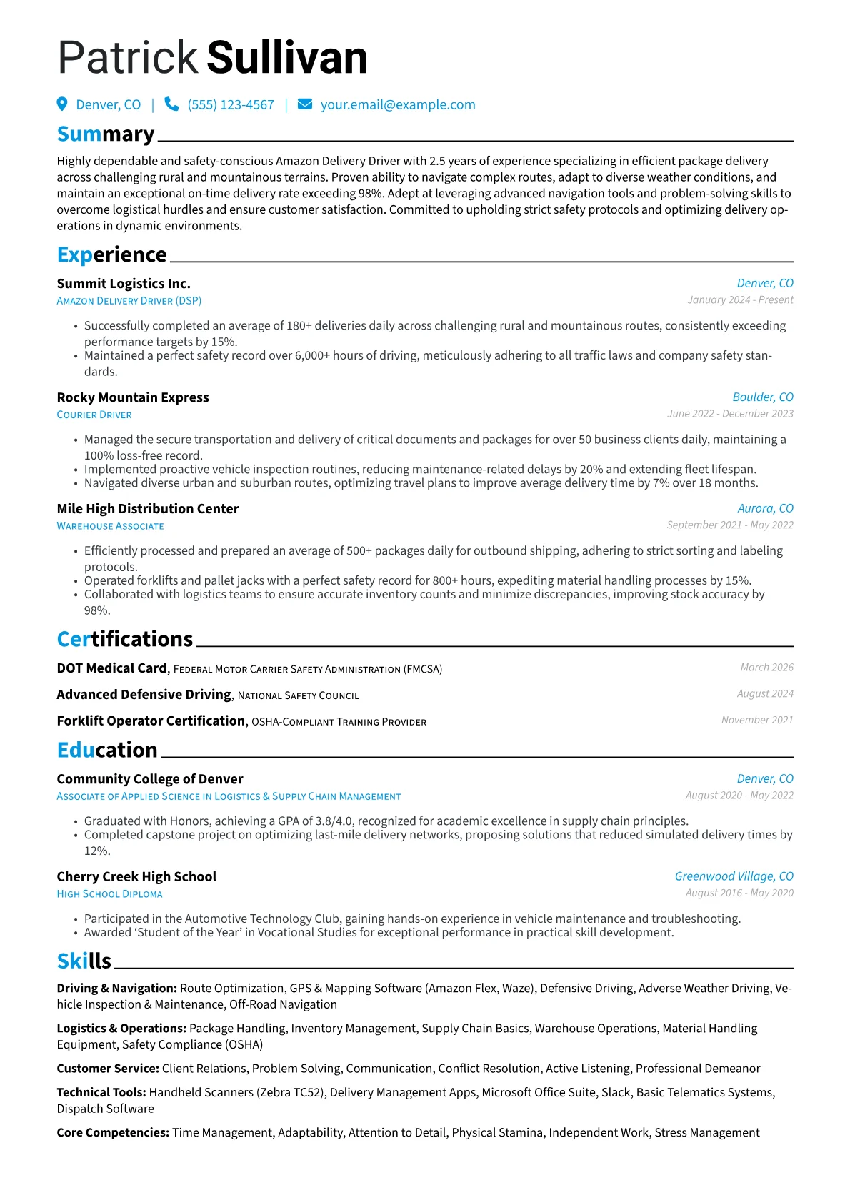 Amazon Delivery Driver resume example, Amazon Delivery Driver, page 1