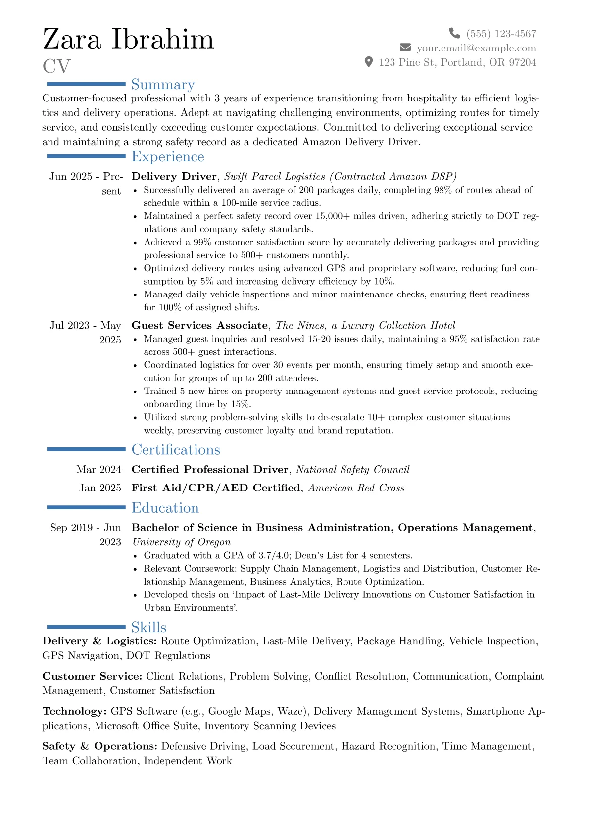 Amazon Delivery Driver resume example, Career changer, page 1