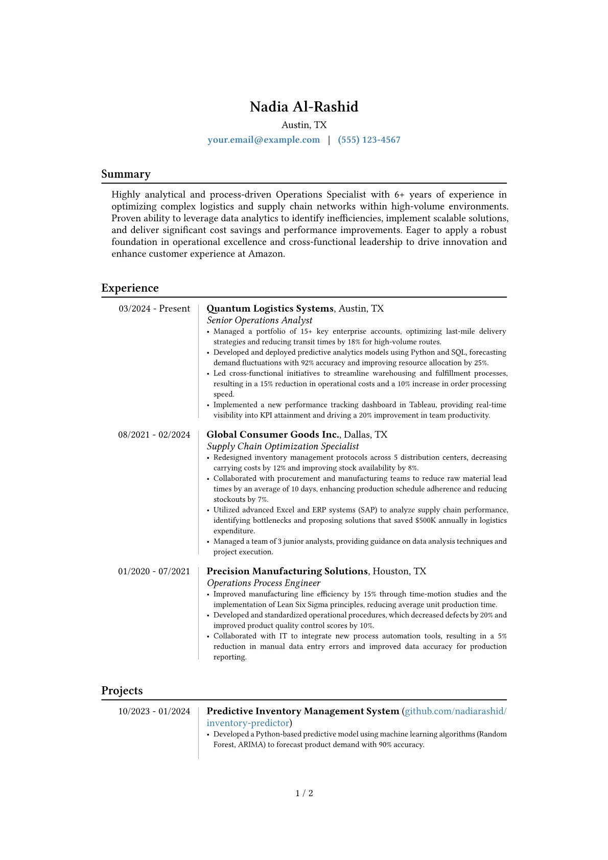 Amazon resume example, Career changer, page 1