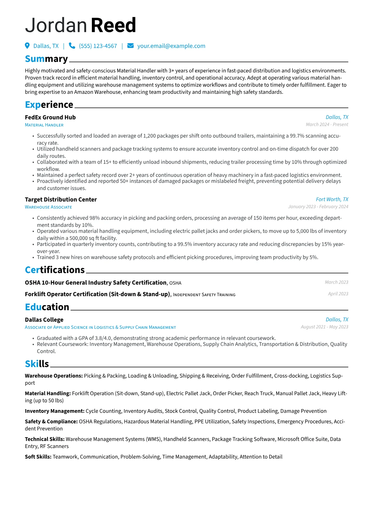Amazon Warehouse resume example, Amazon Warehouse Associate, page 1