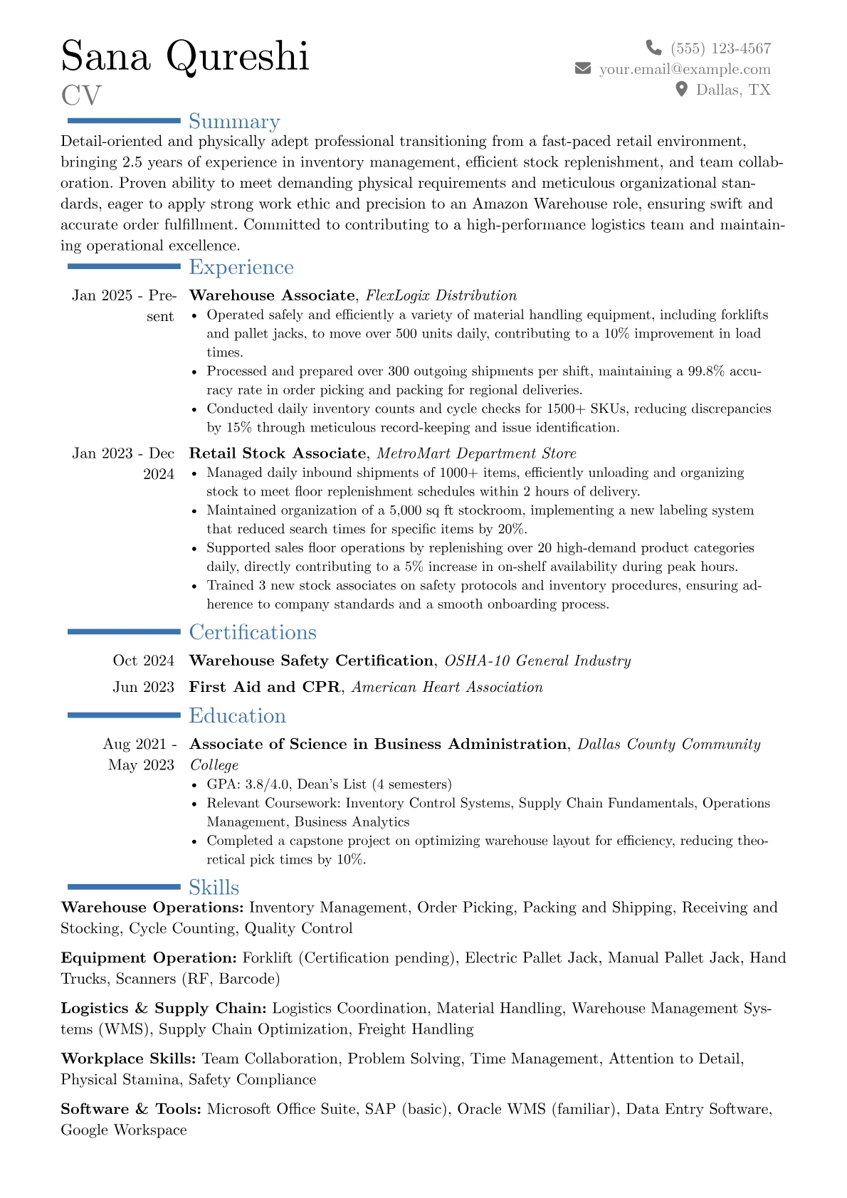 Amazon Warehouse resume example, Career changer, page 1