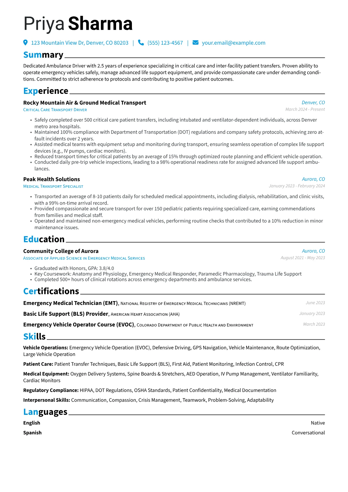 Ambulance Driver resume example, Ambulance Driver, page 1