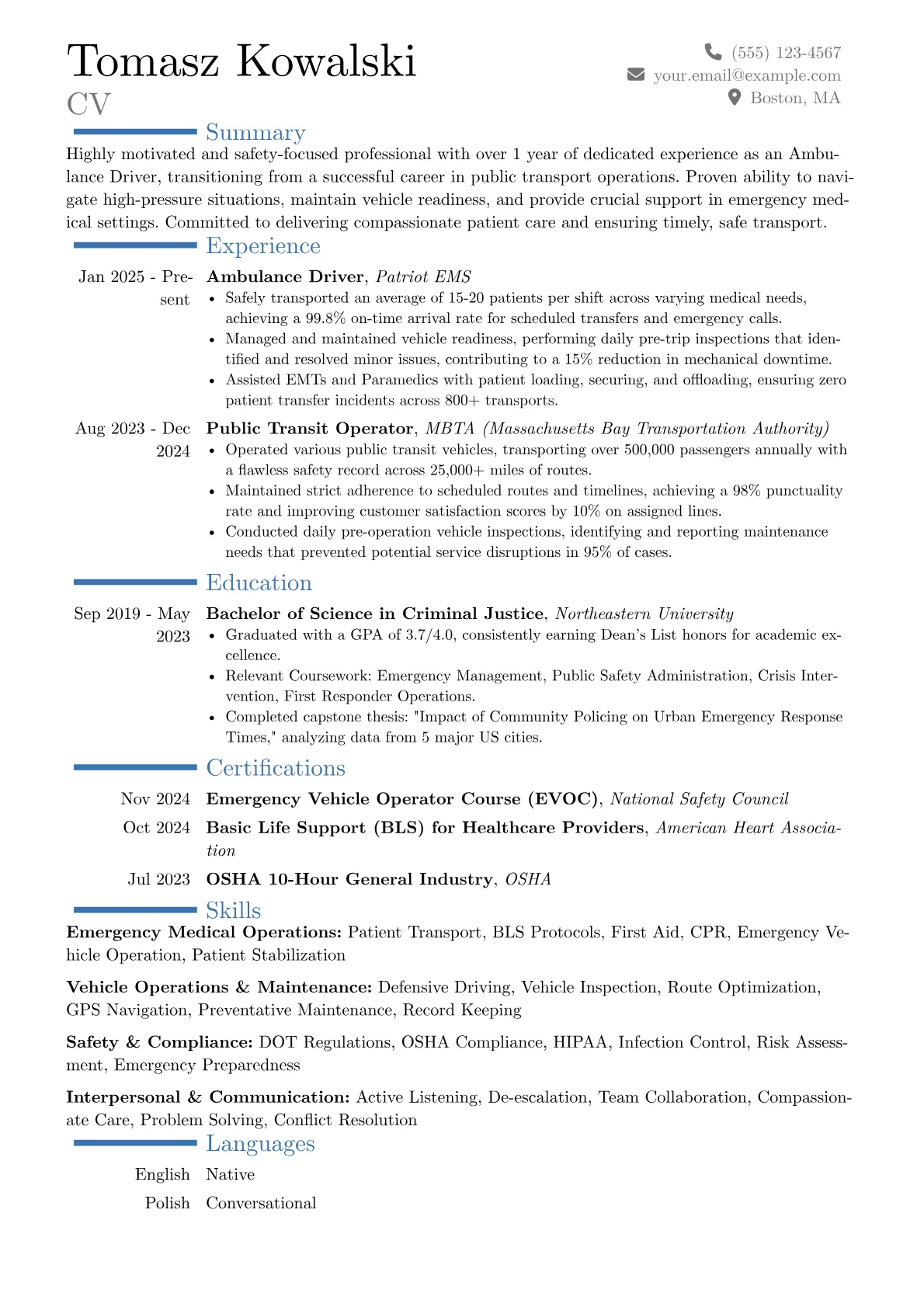 Ambulance Driver resume example, Career changer, page 1