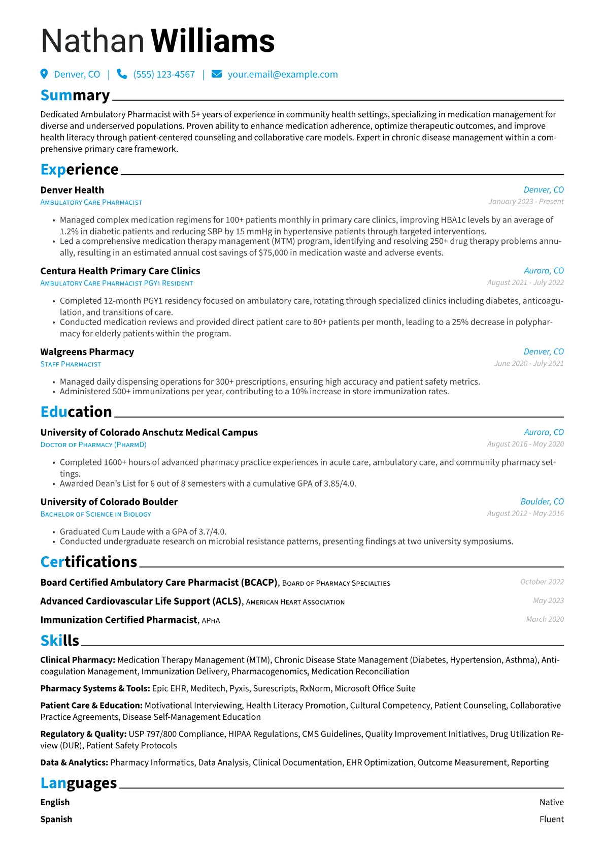 Ambulatory Pharmacist resume example, Ambulatory Pharmacist, page 1