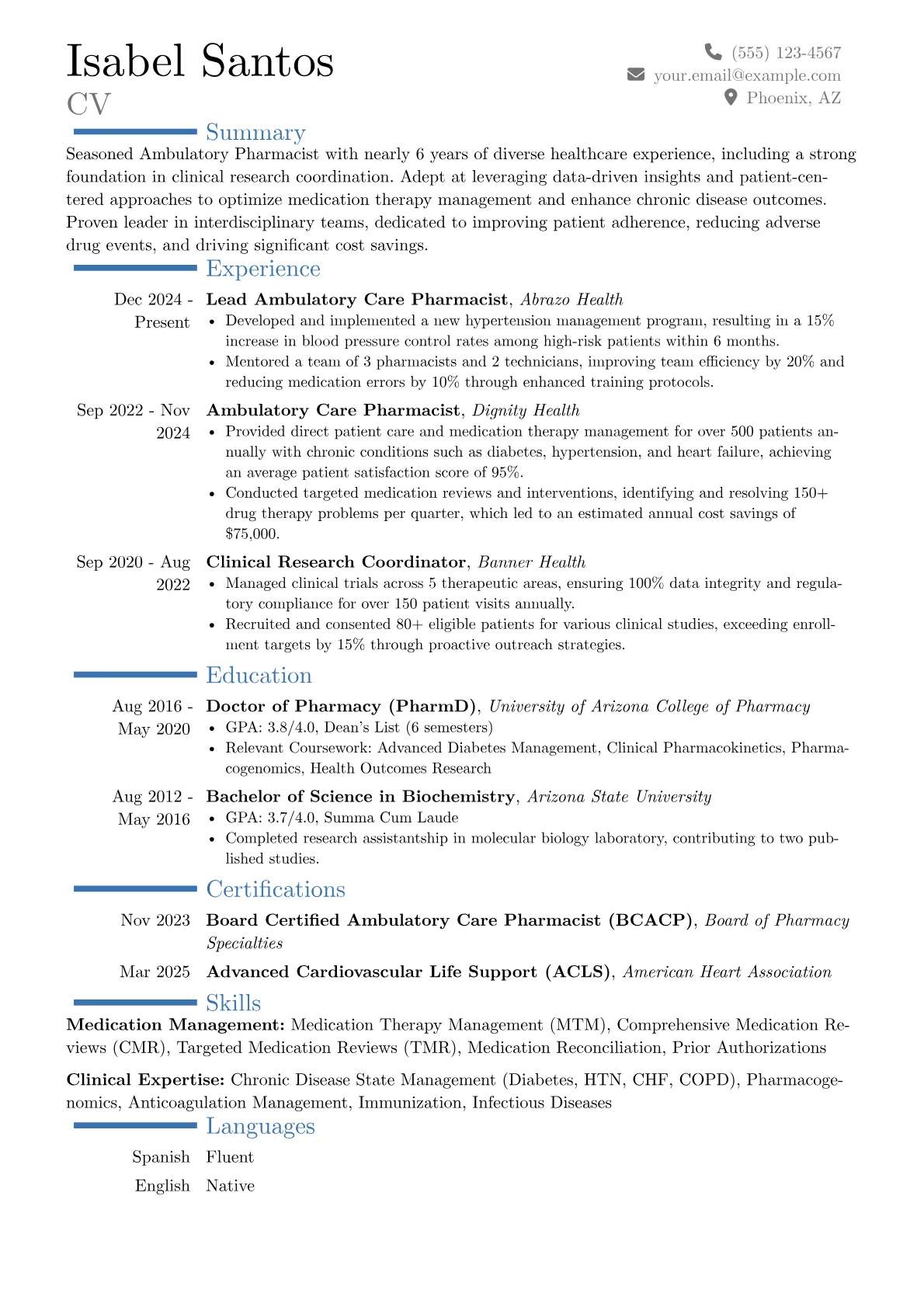 Ambulatory Pharmacist resume example, Career changer, page 1