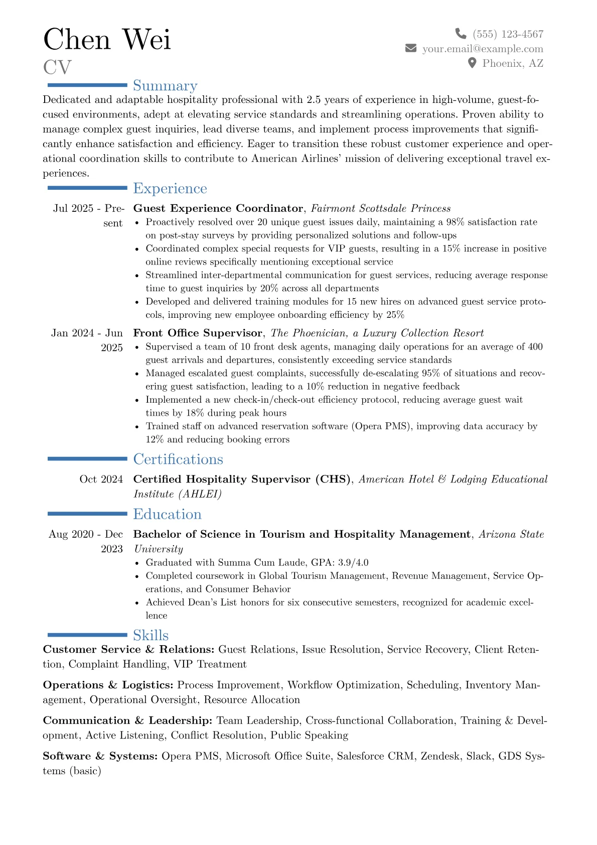 American Airlines resume example, Career changer, page 1