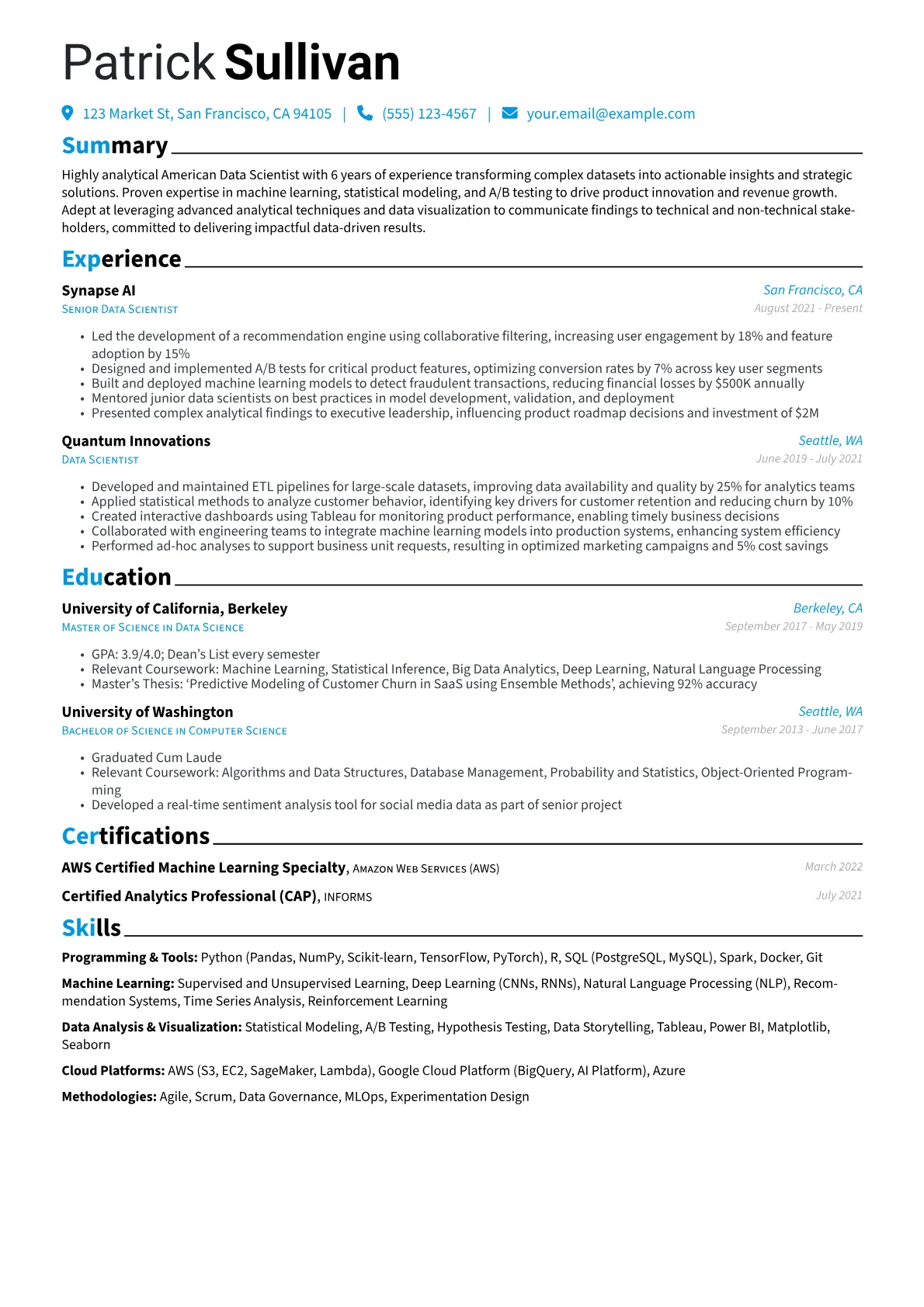 American resume example, American, page 1