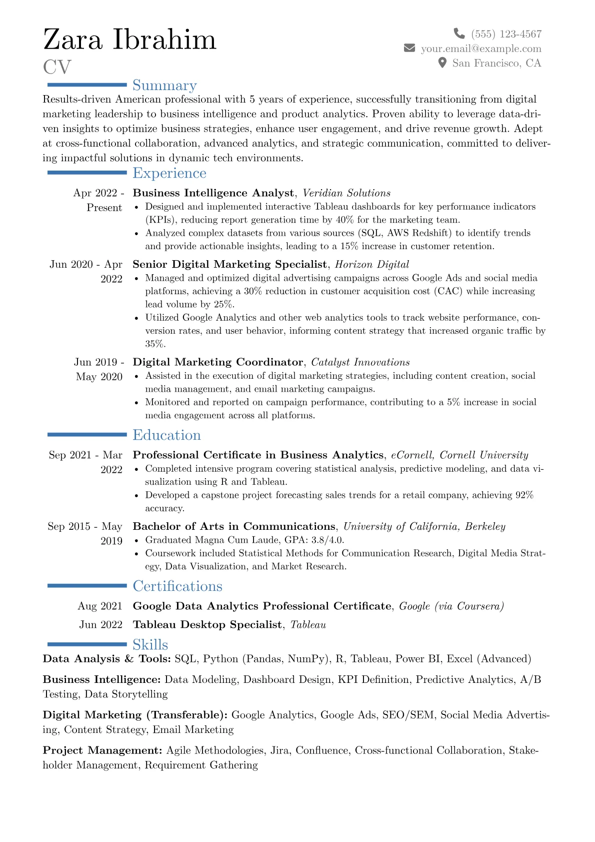 American resume example, Career changer, page 1