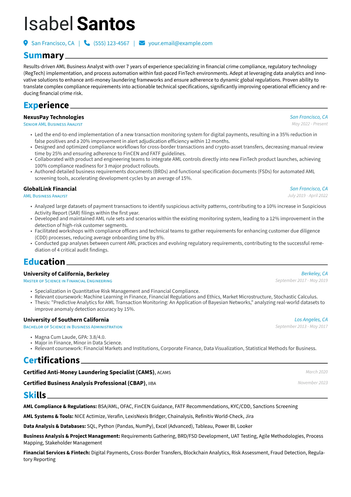 AML Business Analyst resume example, AML Business Analyst, page 1