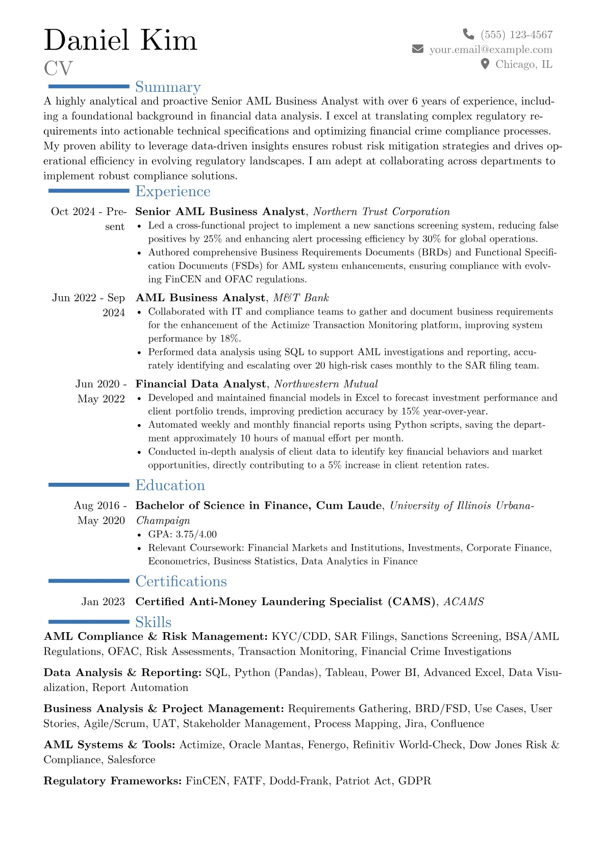 AML Business Analyst resume example, Career changer, page 1